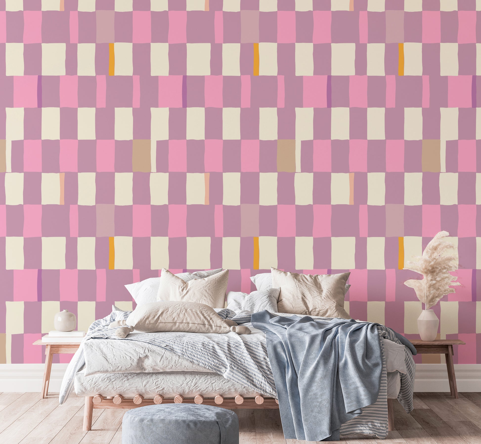 Whimsical mosaic checkerboard wallpaper with unique geometric details.
