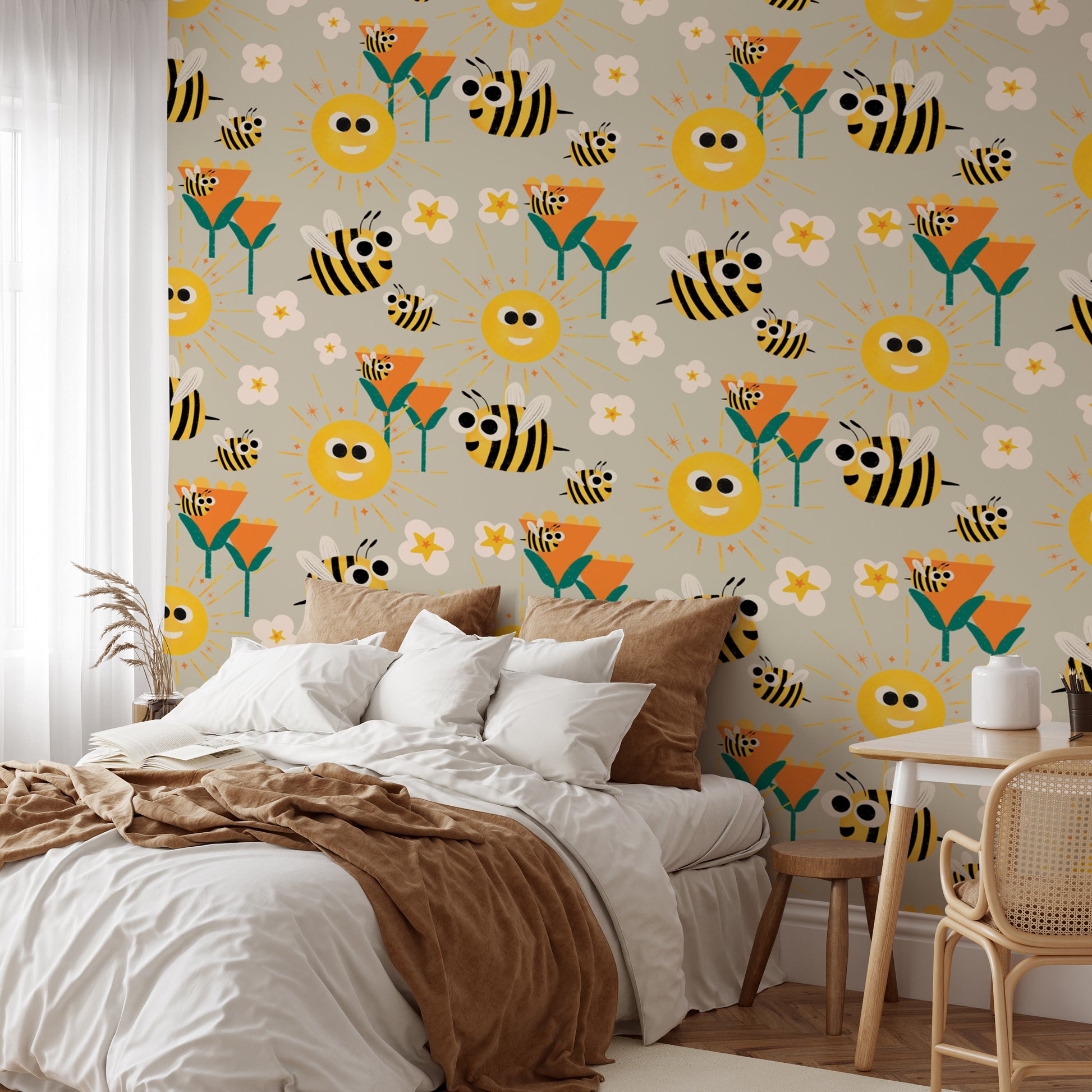 Bright bee wallpaper with sunny floral vibes
