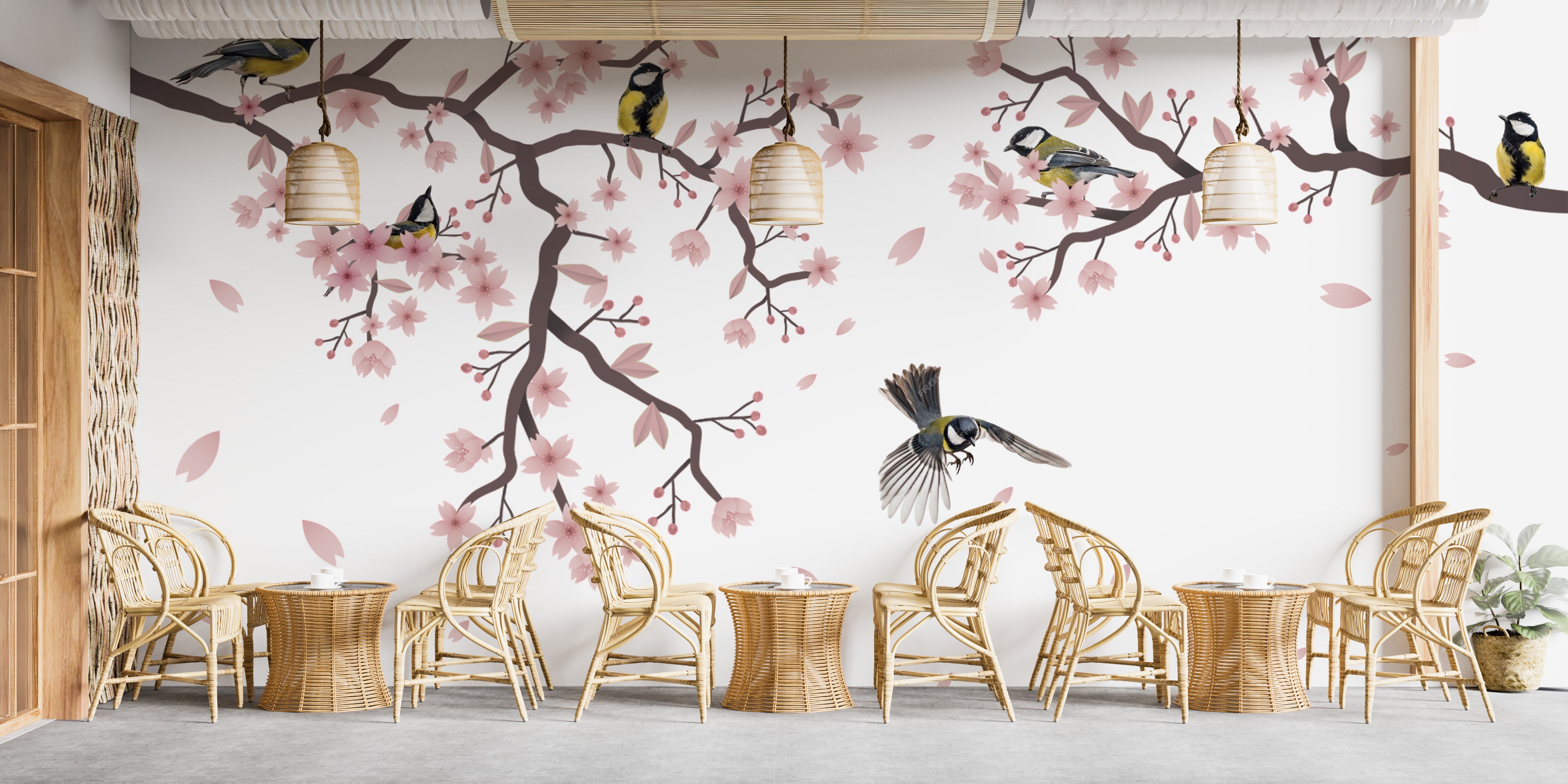 Elegant Sunset Titmouse Cherry Blossom Mural art