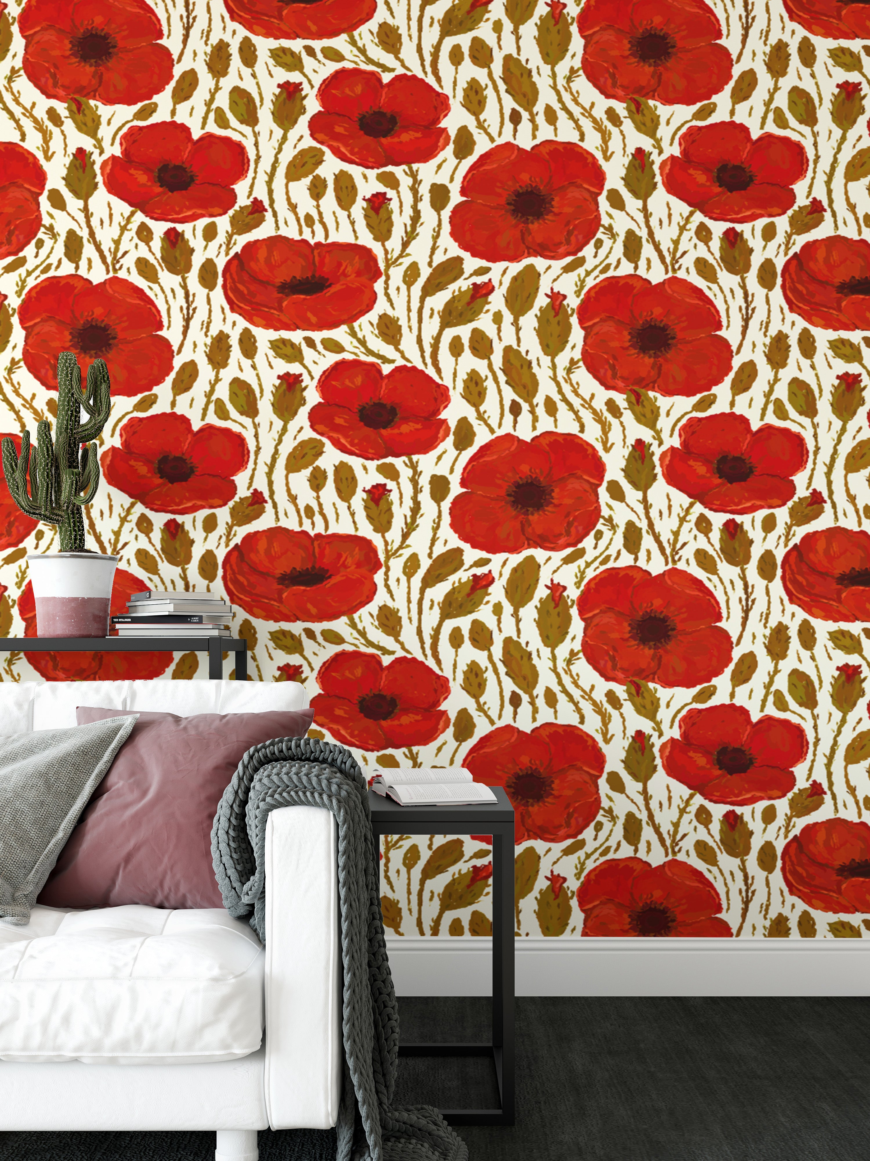 Artistic light red poppy removable wallpaper for unique, floral designs.
