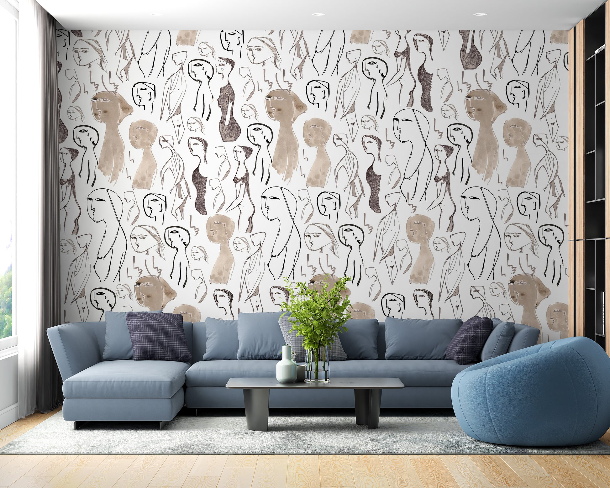 Living room enhanced by artistic faces wallpaper mural