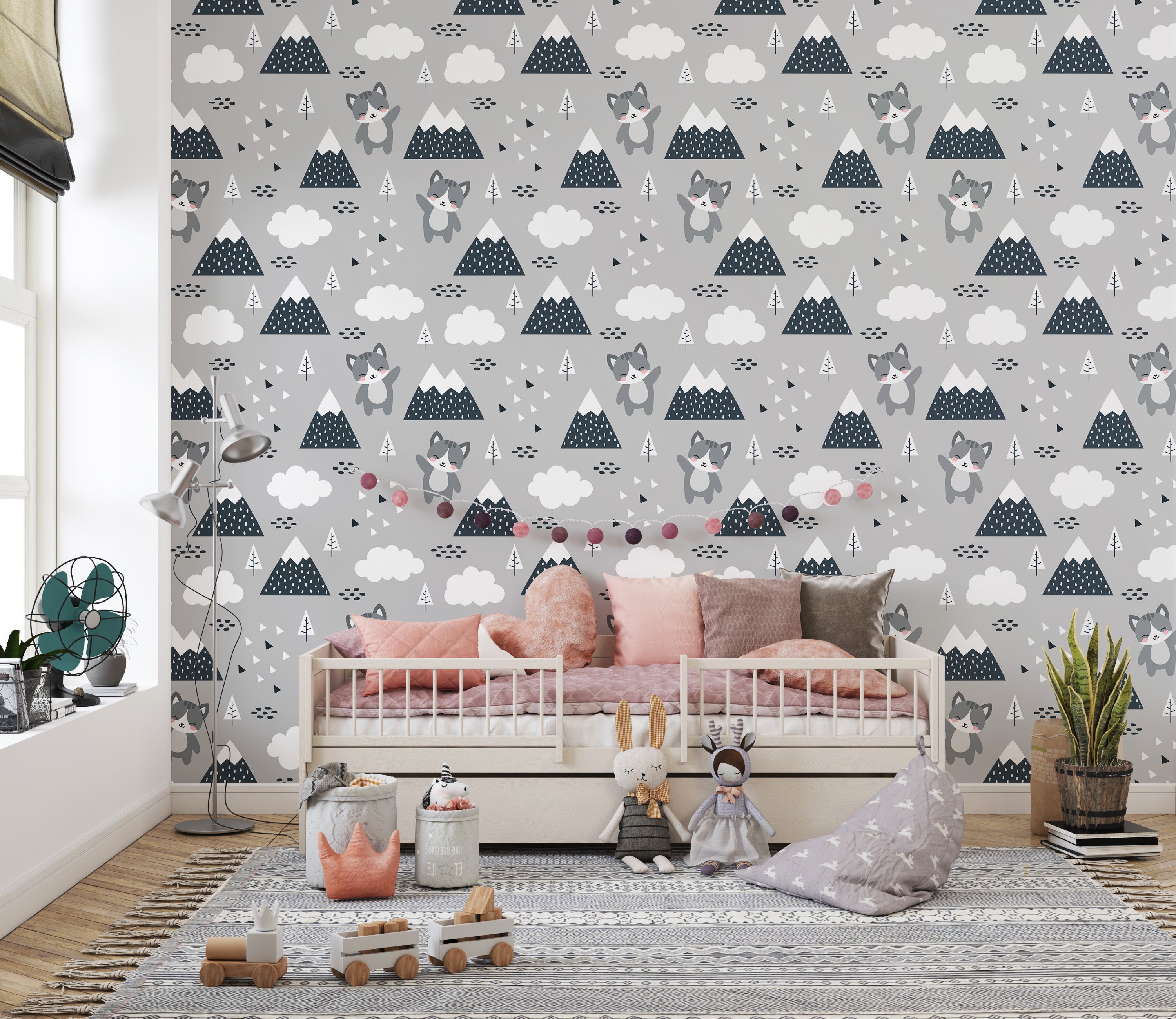 Scandinavian forest kitty mural with trees