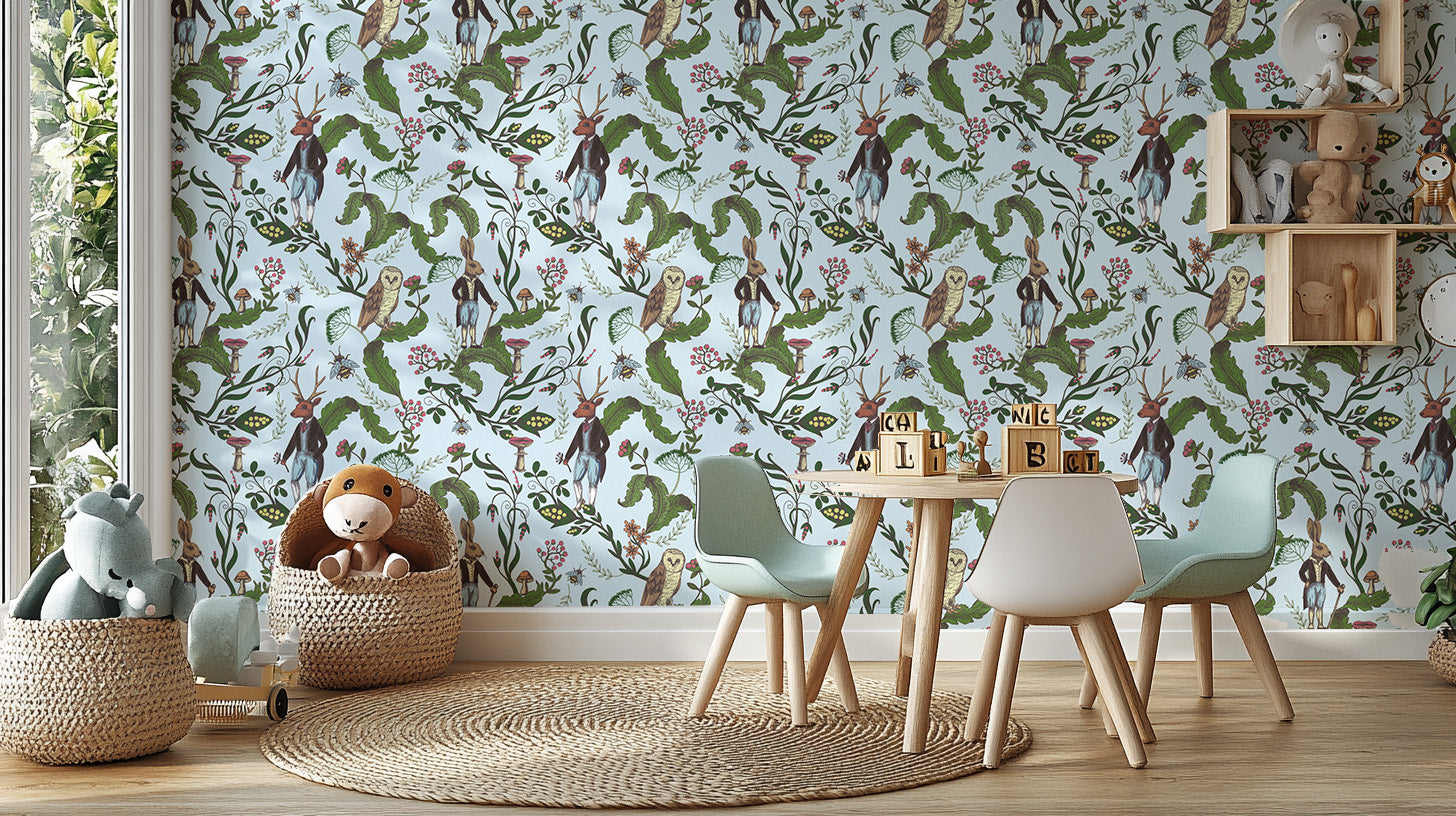 Rabbit and owl whimsical wallpaper pattern
