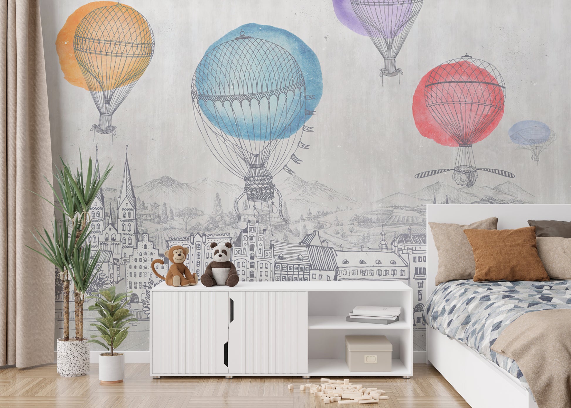 Serene Balloon Ascension Scene Wall Design
