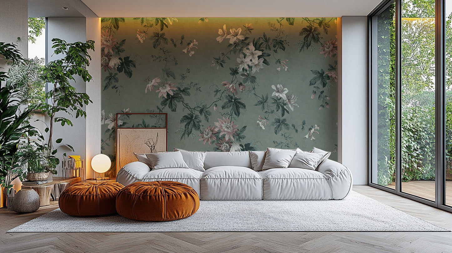 Green chinoiserie wallpaper with botanical details wallpaper