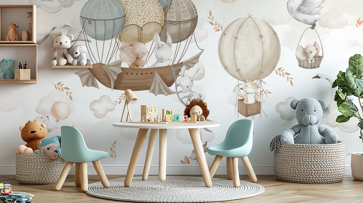 Play area wallpaper: whimsical Cloud-Hopping mural