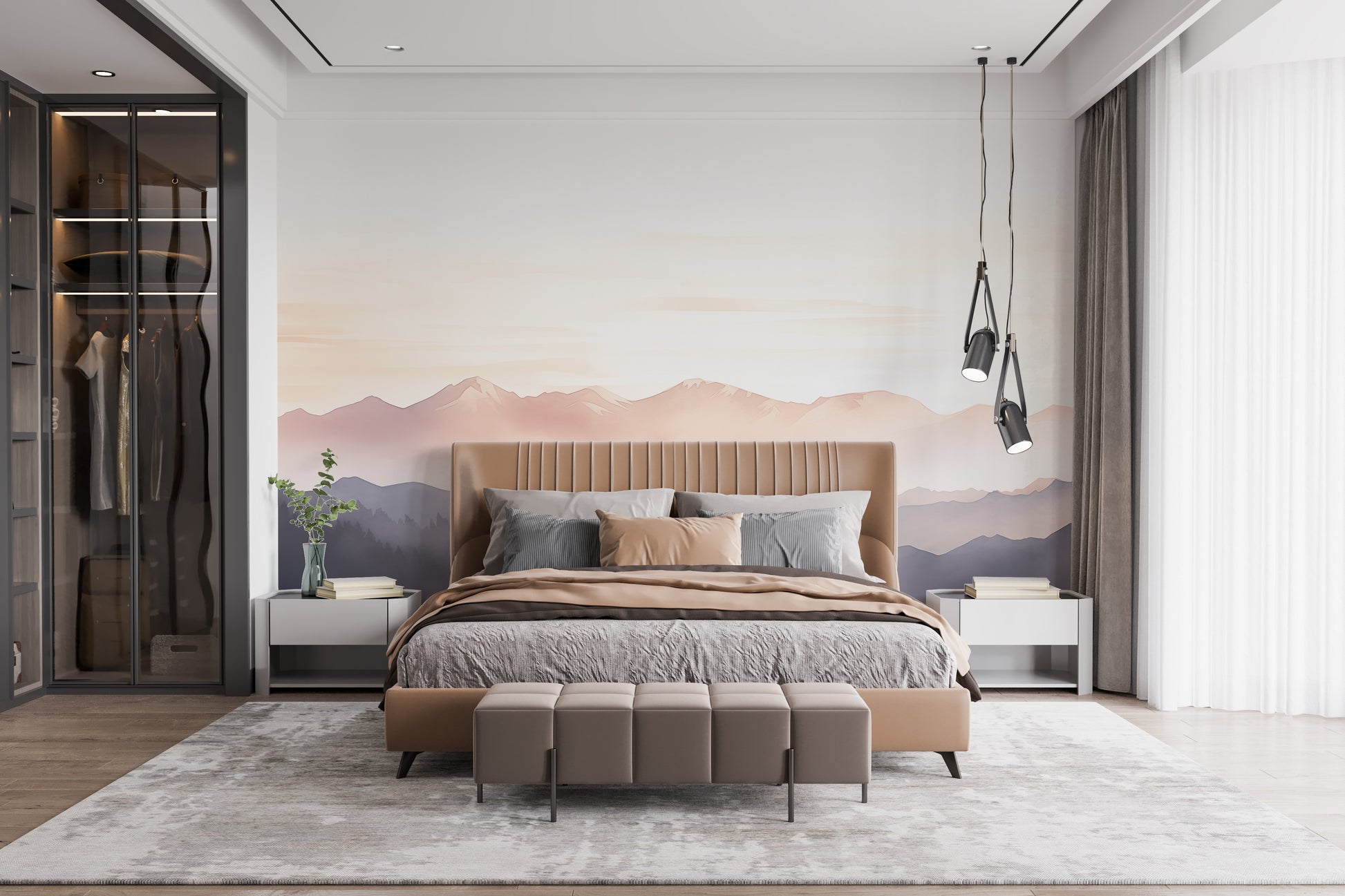 Mist mountain mural adds tranquility to bedroom walls