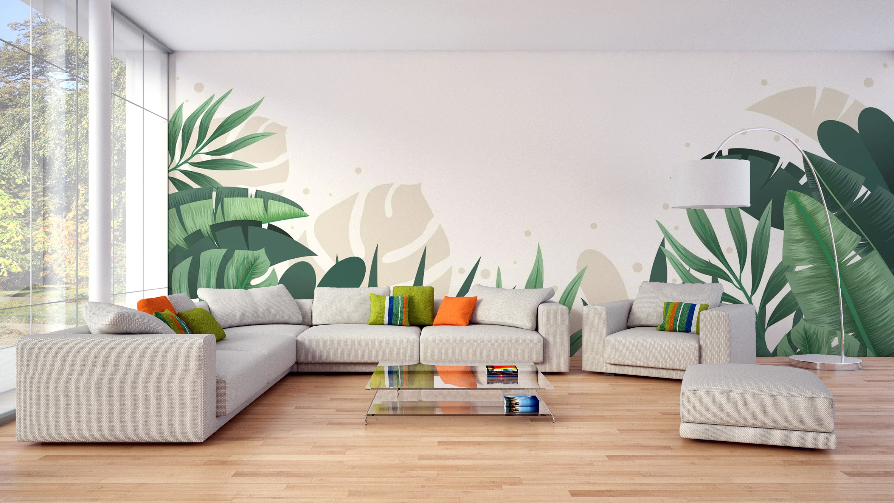 Elegant Green and Beige Tropical Leaves Mural
