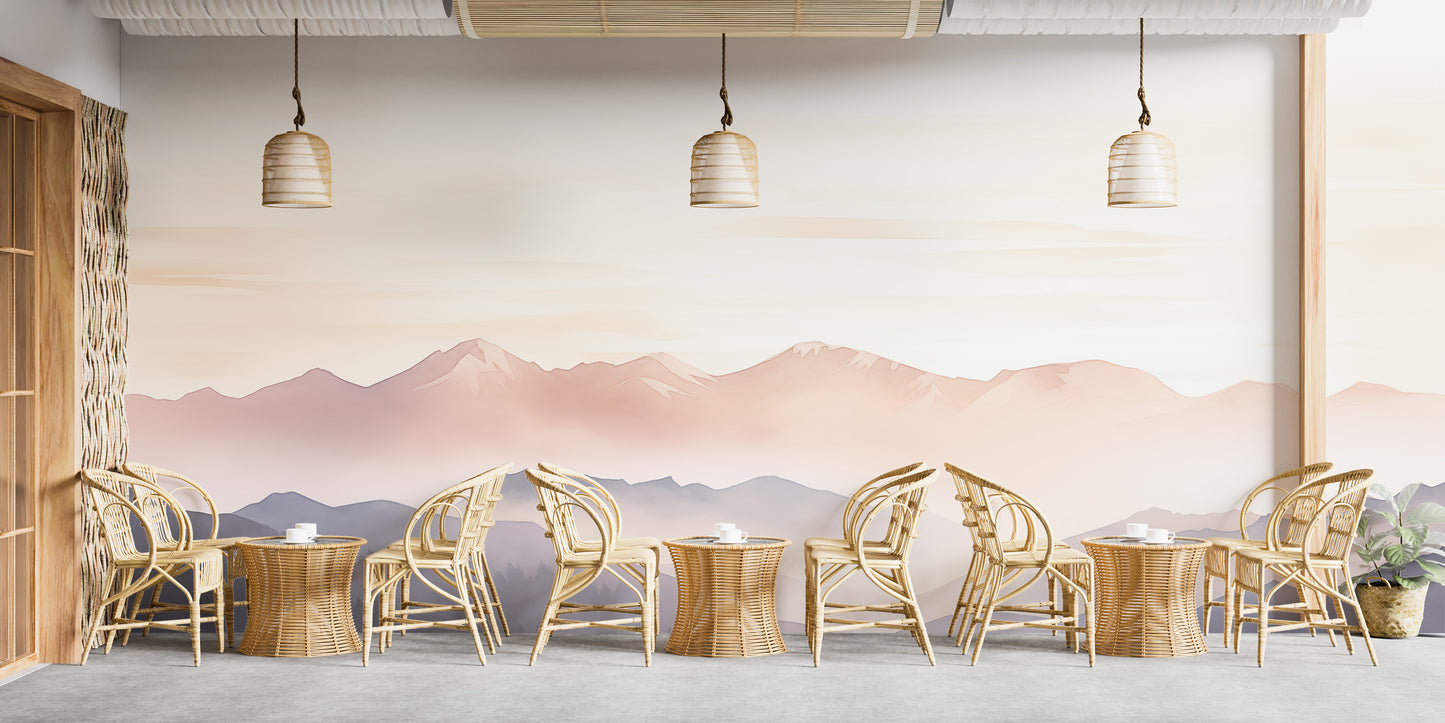 Mist mountain wallpaper creates a calming vibe in cafes