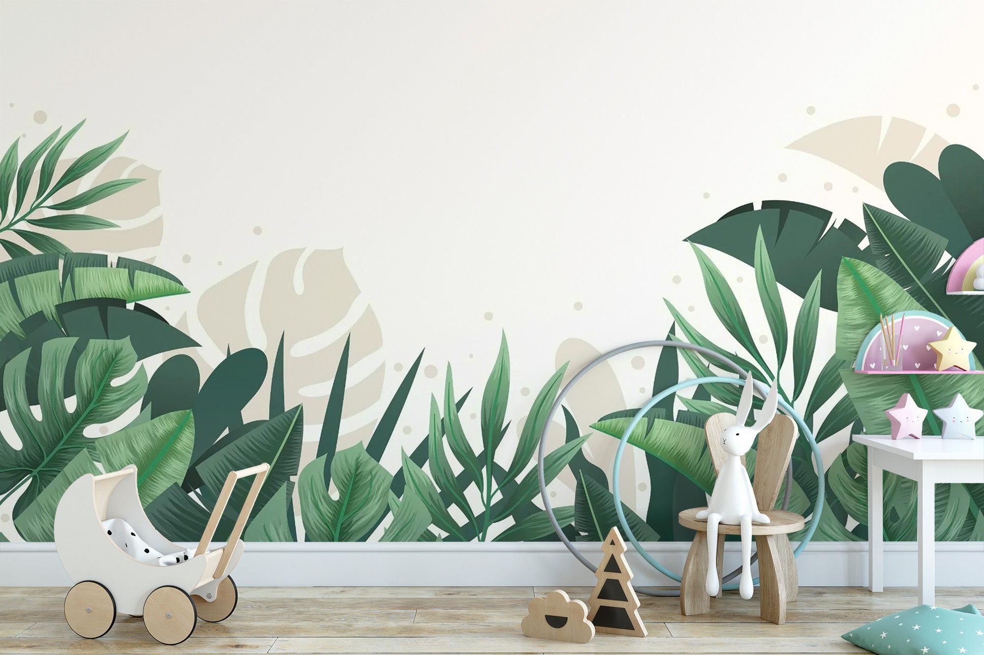 Subtle Green Beige Tropical Leaf Wall Mural
