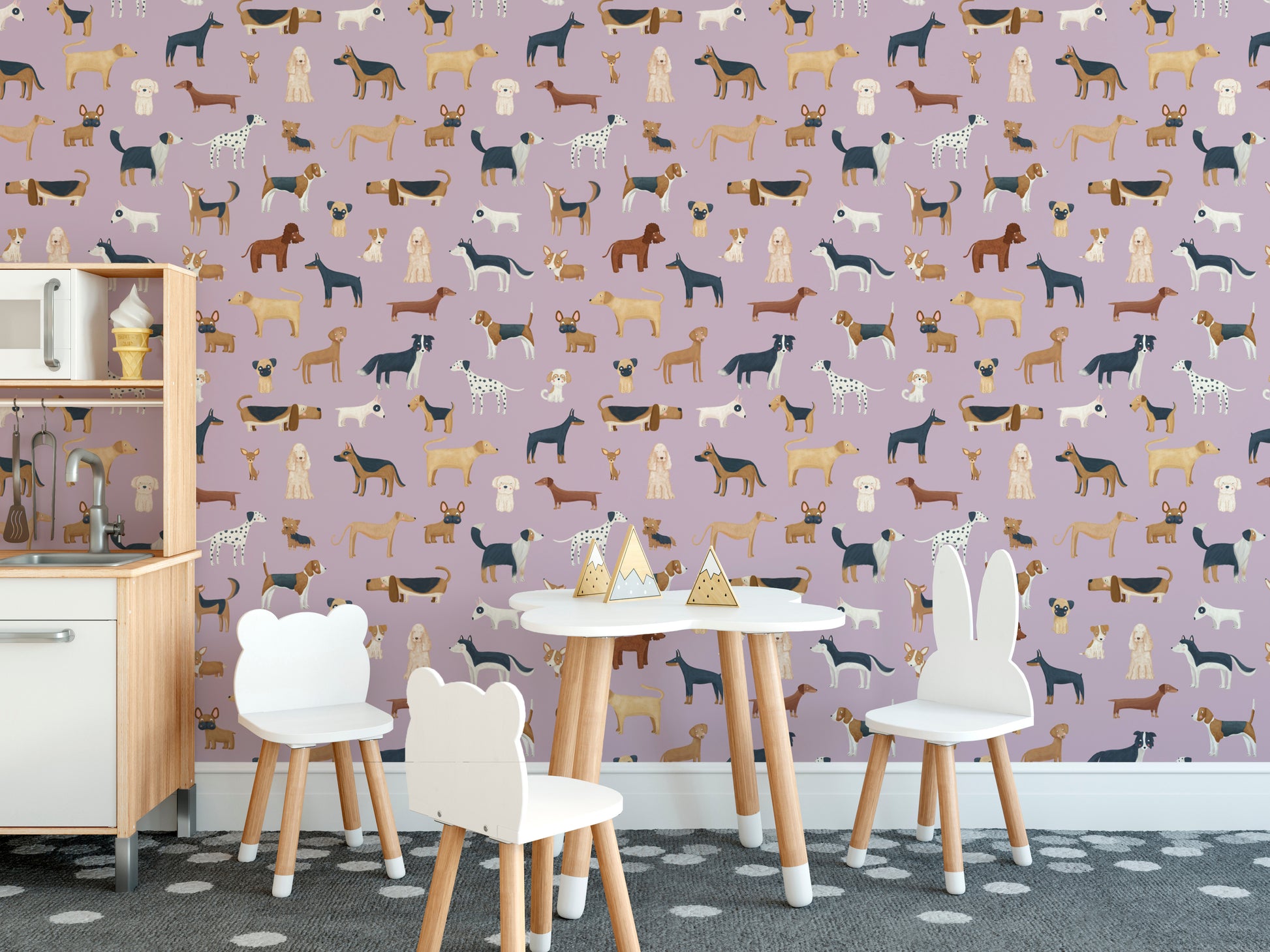 Lilac dog wallpaper for kids' room decor
