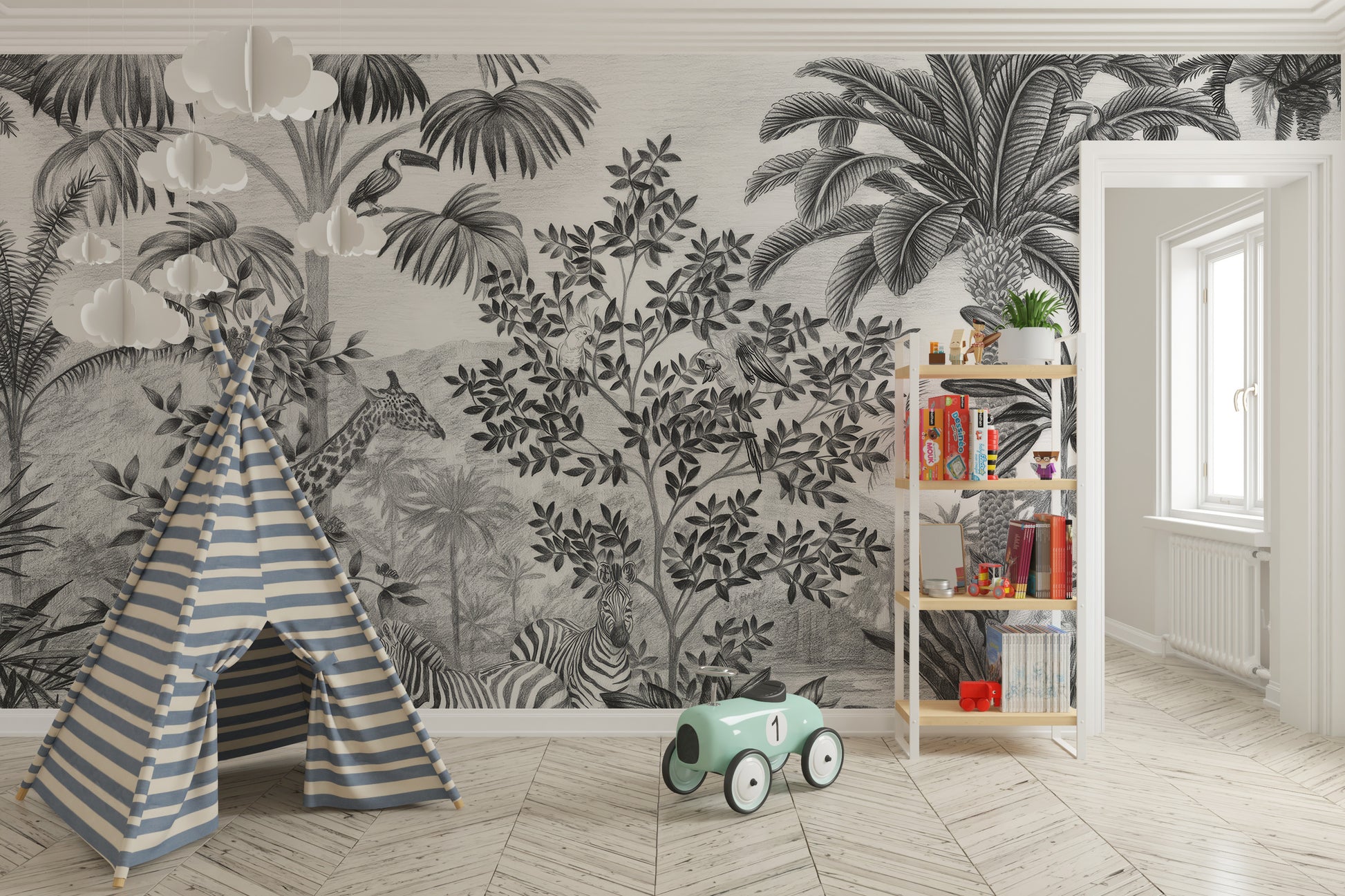 Monochrome tropical jungle wallpaper design
