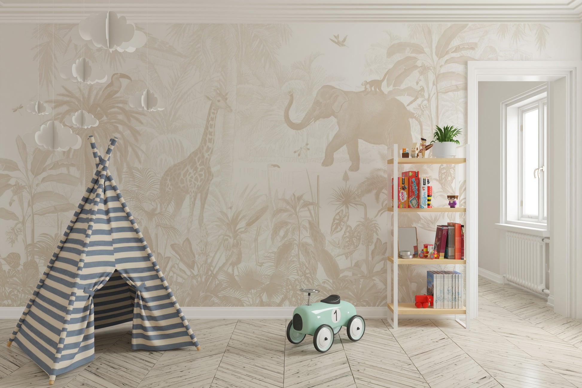 Kids’ room wall murals with jungle animal design
