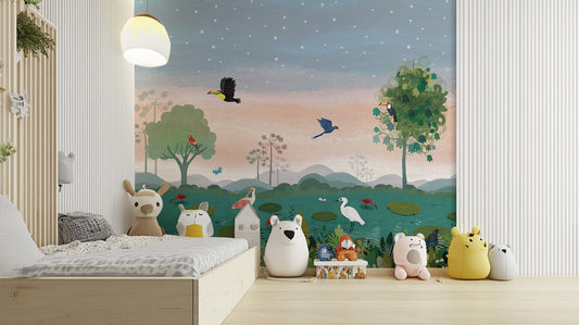 Playful wildlife wallpaper for kids’ space
