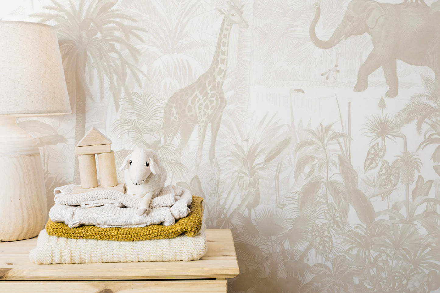 Neutral tone jungle wall murals for kids' rooms
