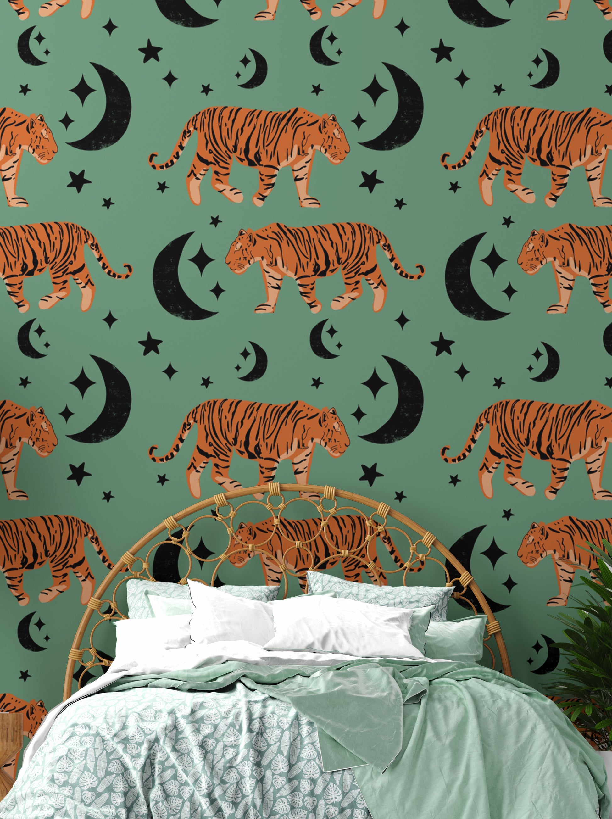 Green tiger design Tiger Moon Kids Wallpaper