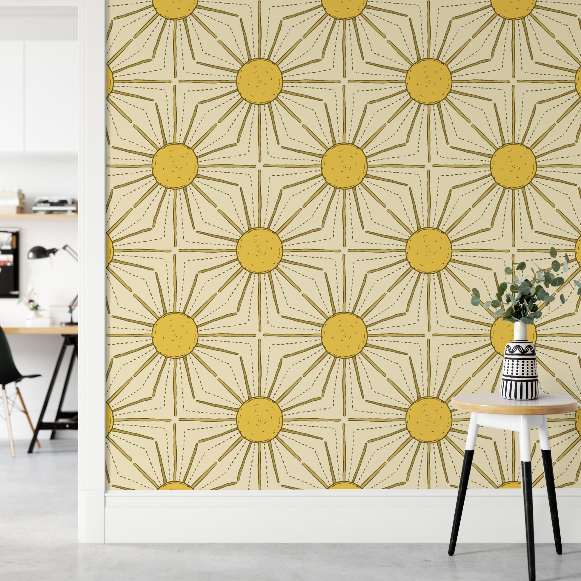 Radiant sunburst pattern yellow wallpaper for bright spaces.
