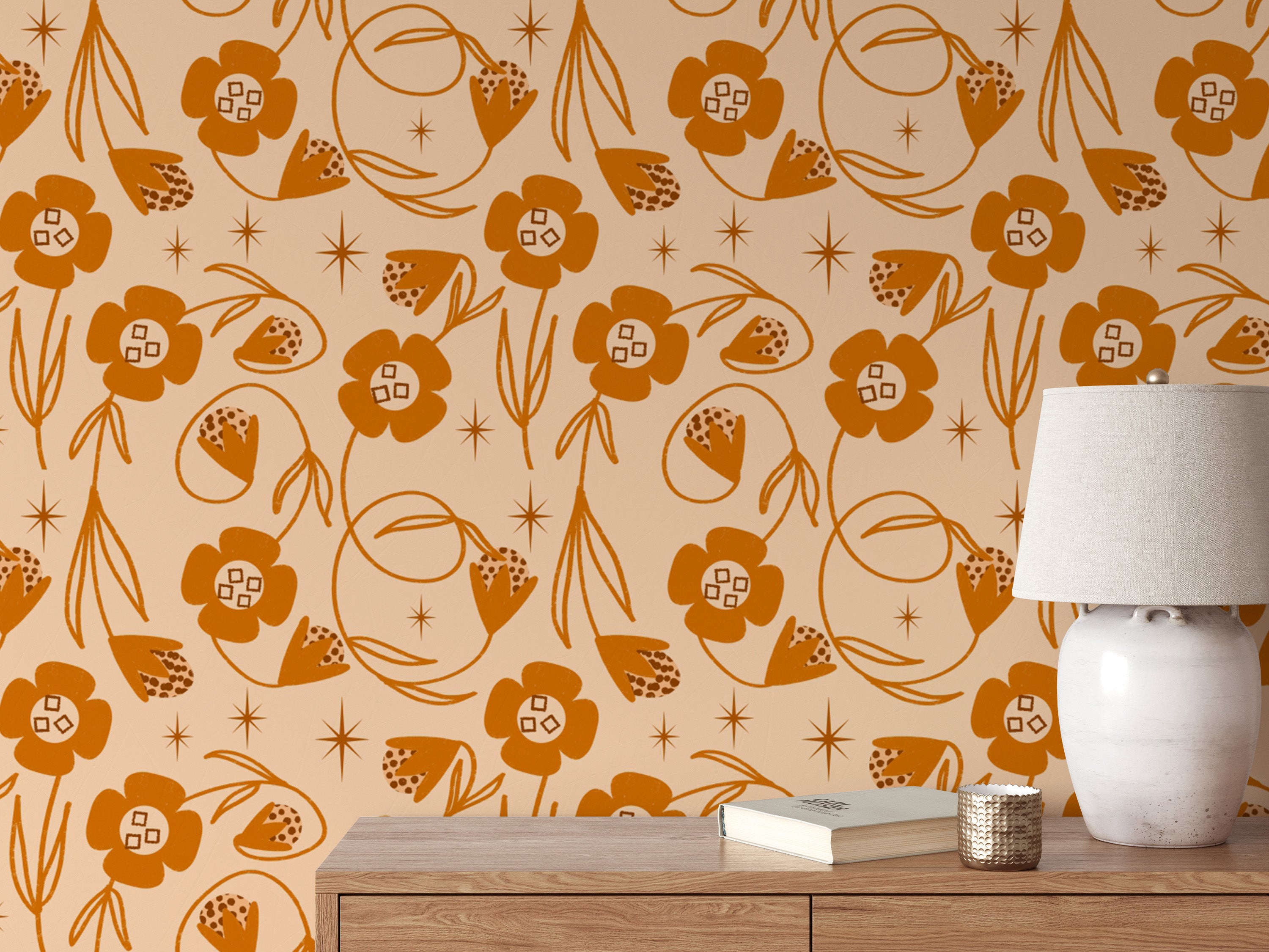 Orange floral wallpaper with peach tones
