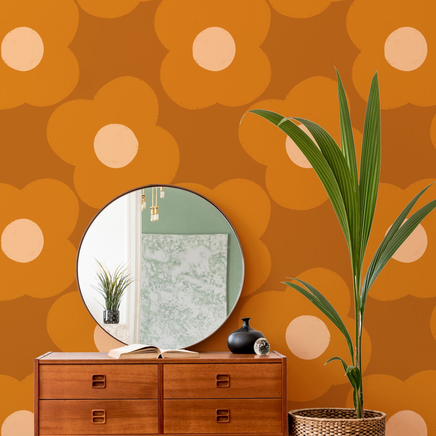 Bold daisy print mural in warm orange tones
