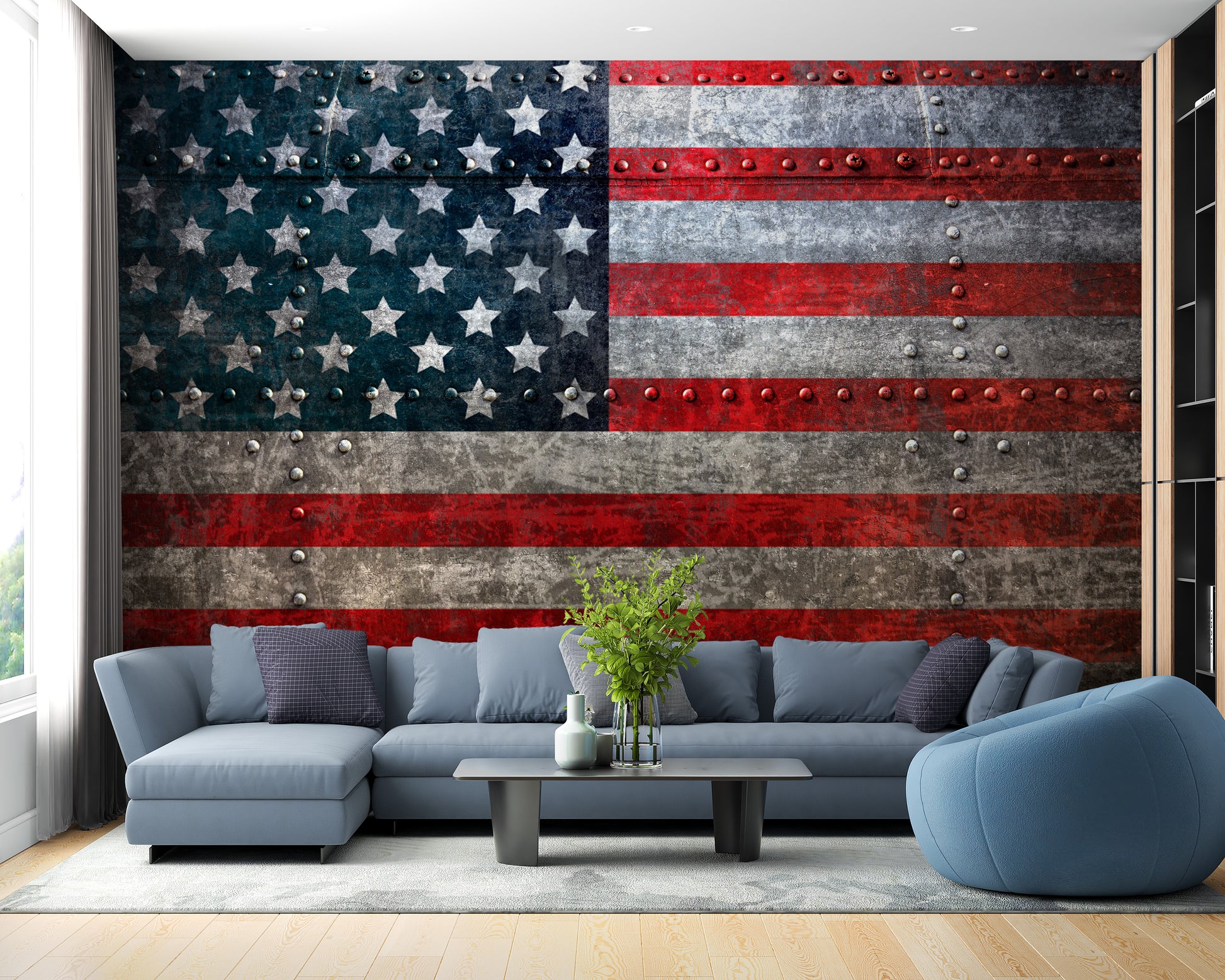 Rustic steel flag wallpaper living room décor
