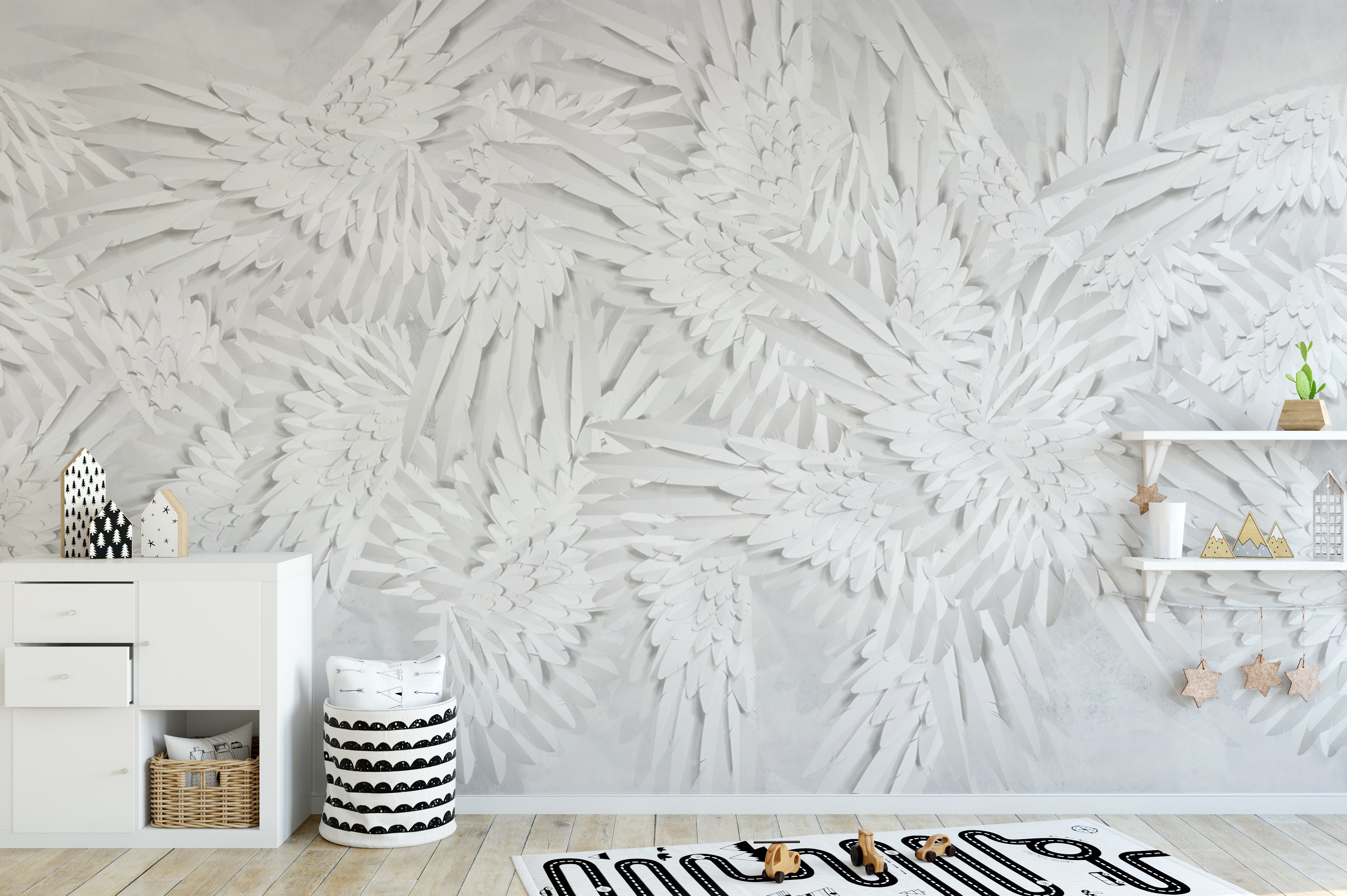 Elegant feather mural inspired by Hermes' divine essence.
