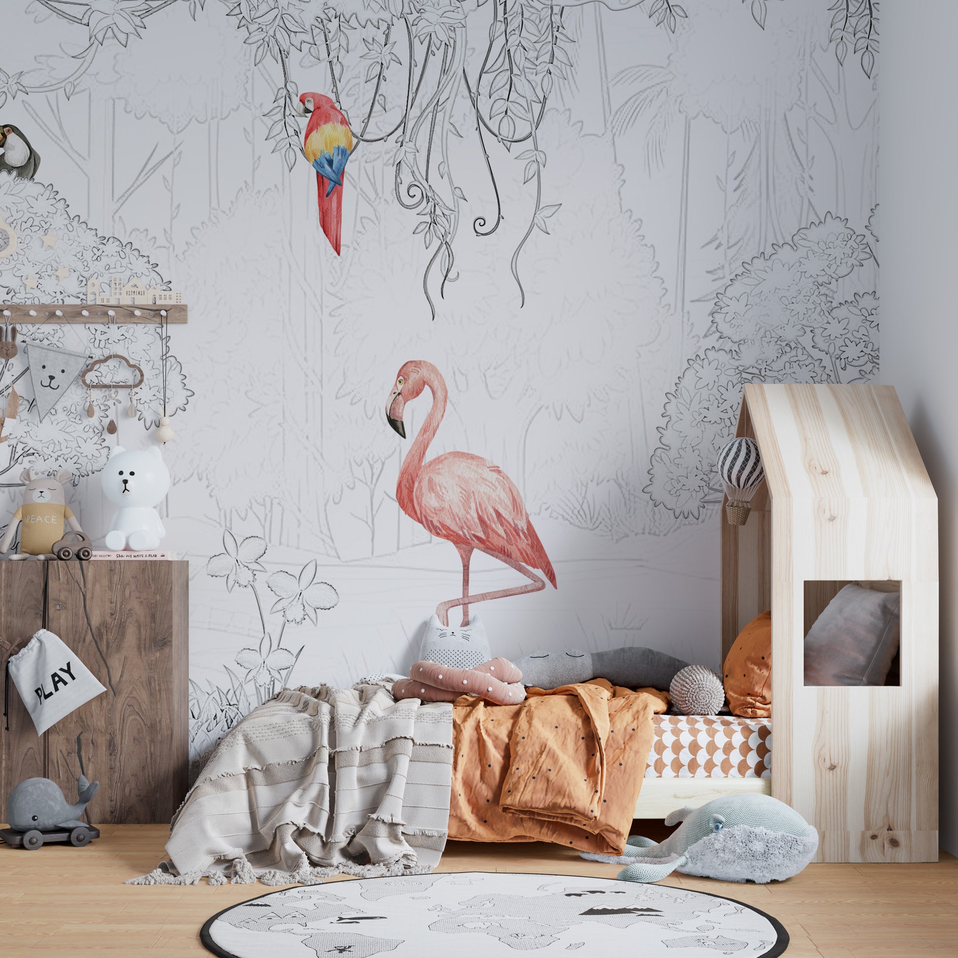 Sketch-style tropical birds wallpaper for artistic flair