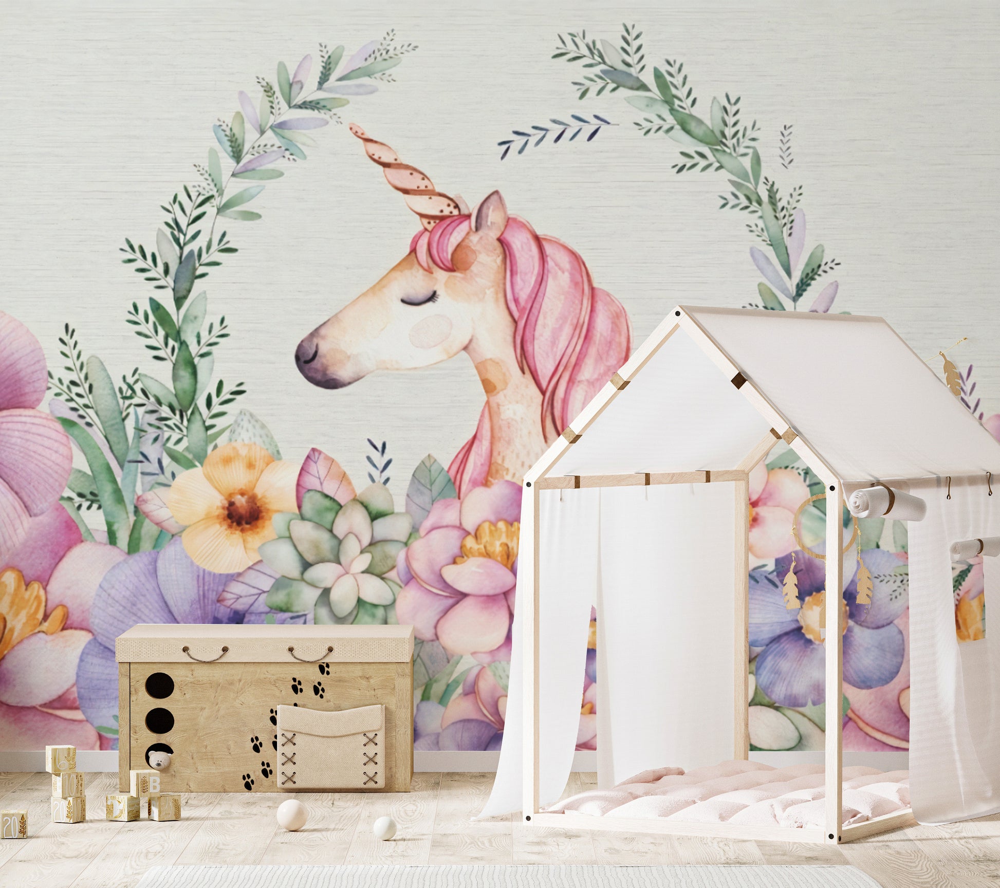 Enchanting Floral Unicorn Accent Wall
