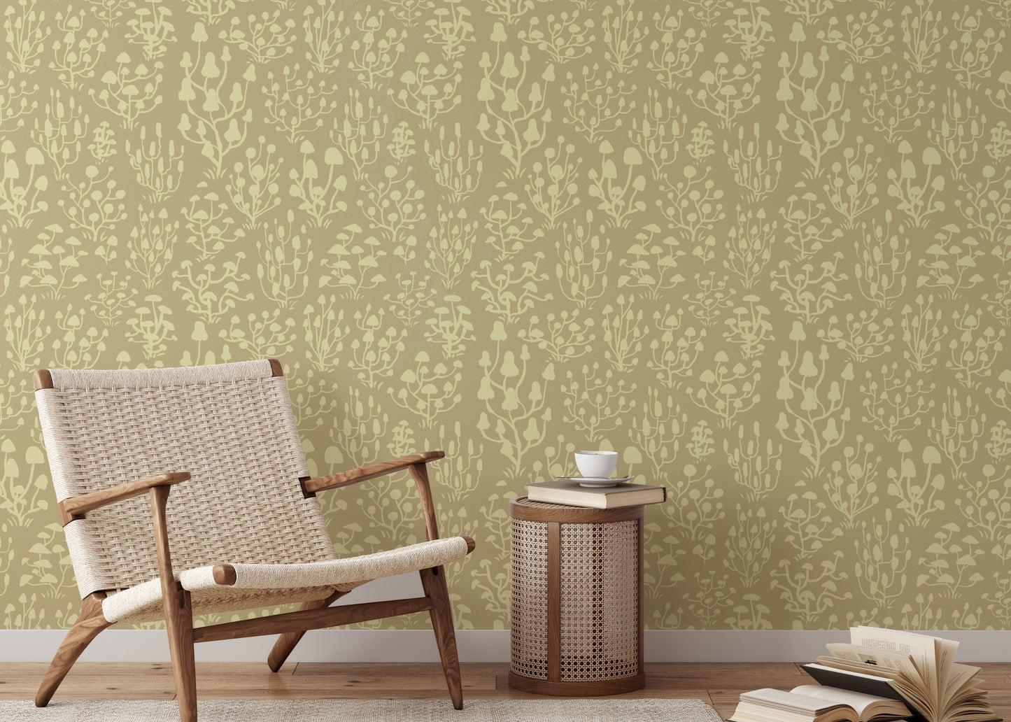 Cute yellow ditsy mushrooms wallpaper for kids’ or playful rooms.
