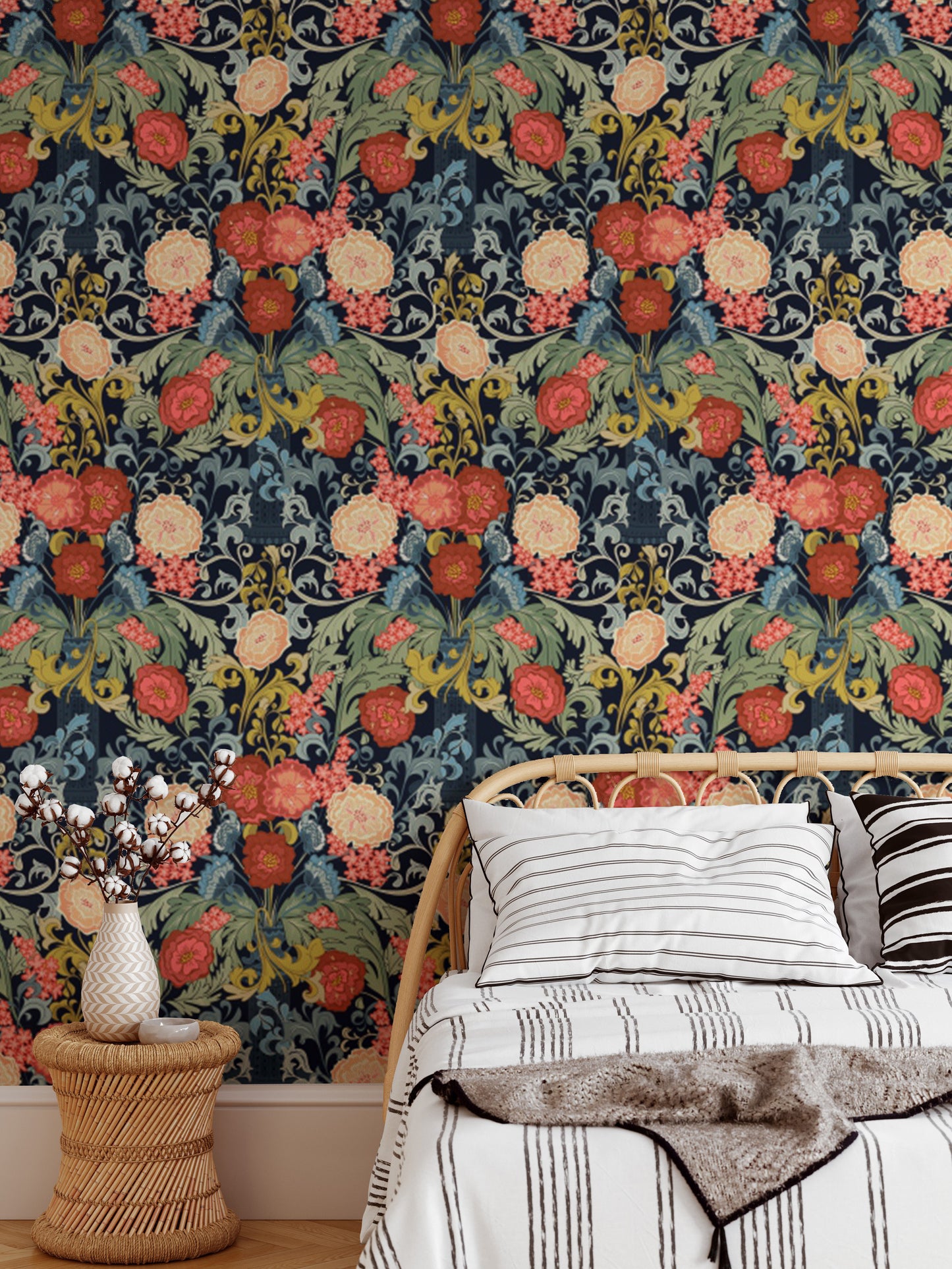 Baroque Rose wallpaper creating a refined, artistic aesthetic.
