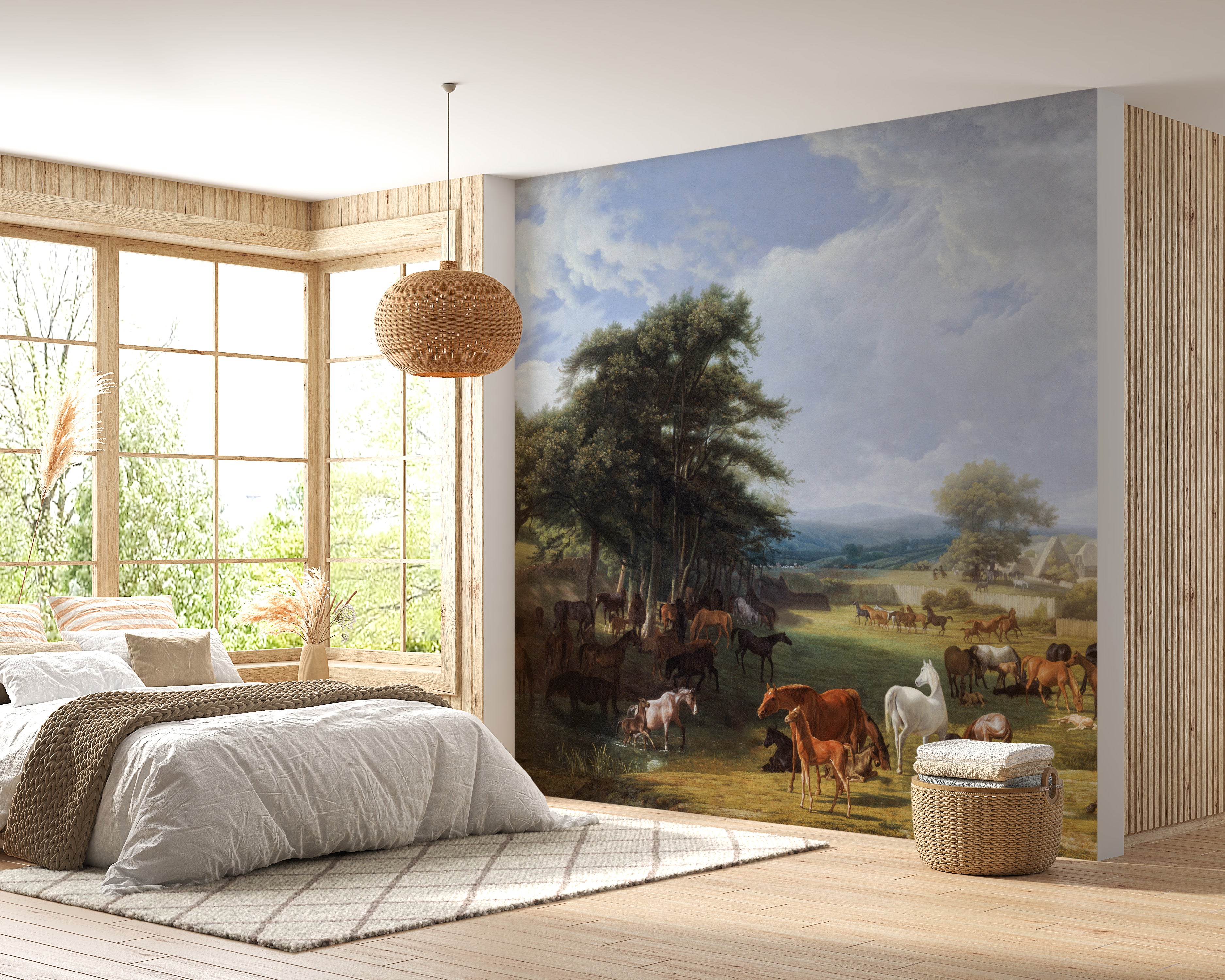 Wallpaper mural featuring horses in open fields
