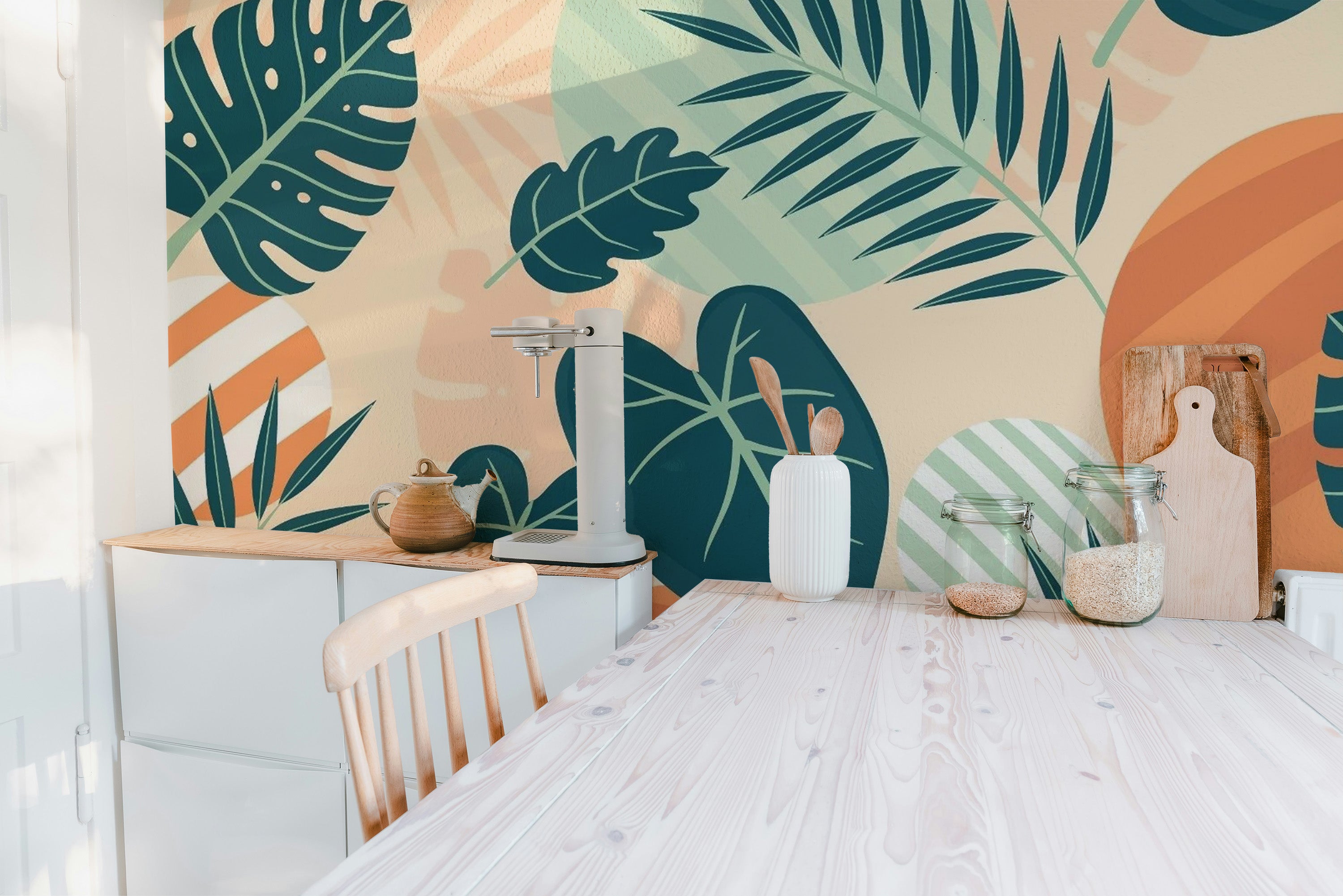 Reusable Green Orange Beige Leaves Wallpaper Design