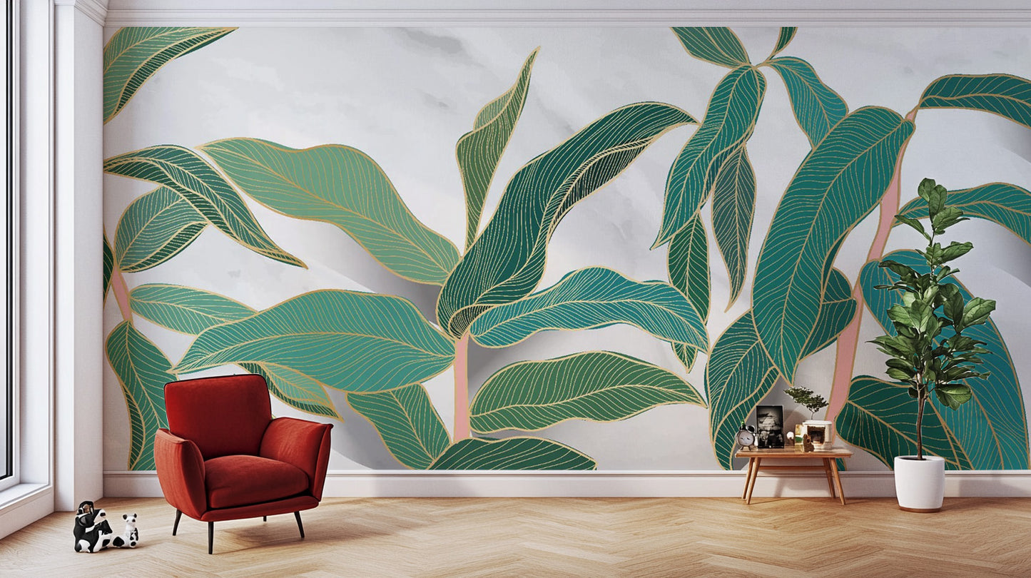 Lush Tropical Gold Rimmed Leaves Mural Wallpaper