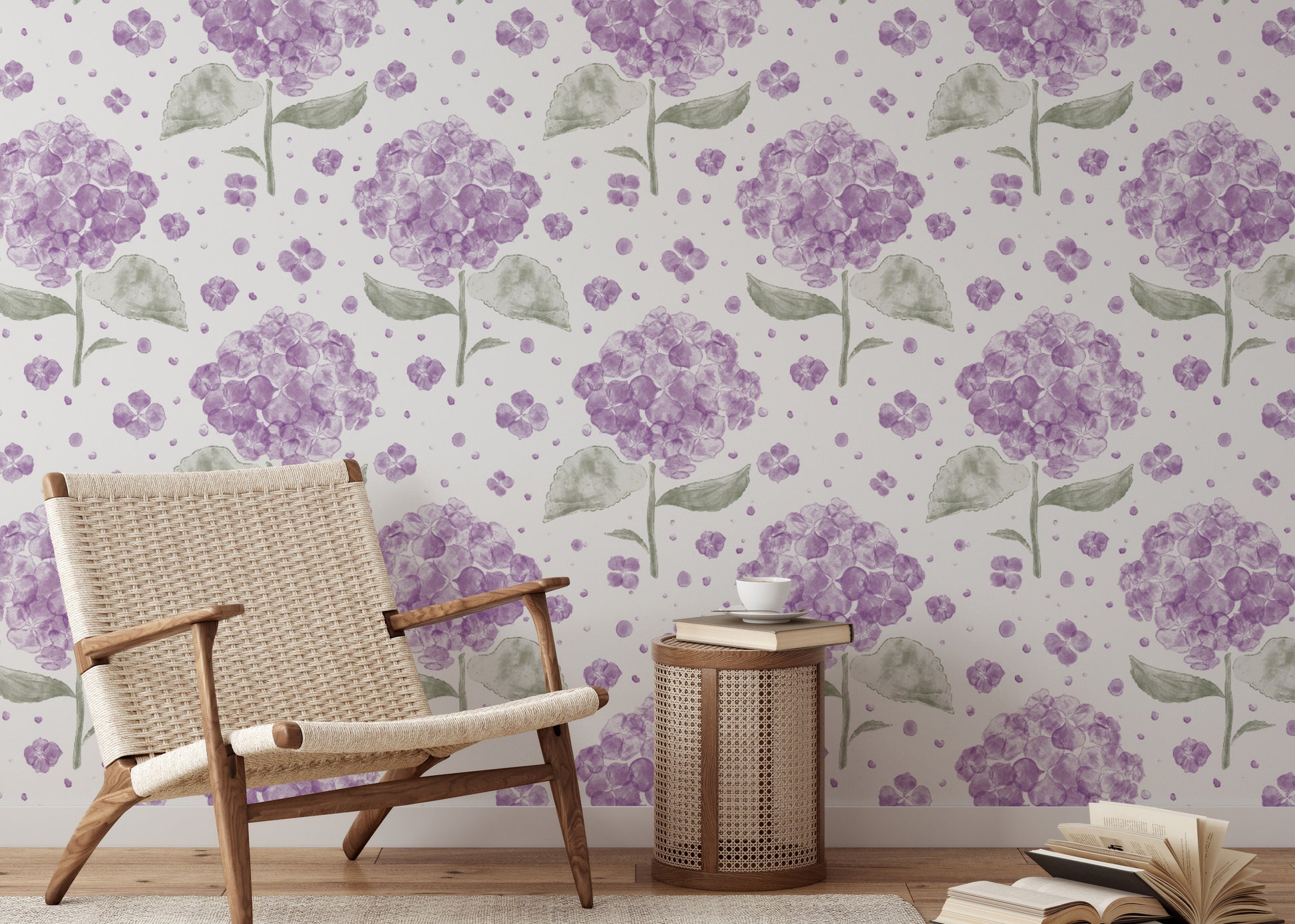 Nature-inspired purple hydrangea mural for cozy and inviting walls.
