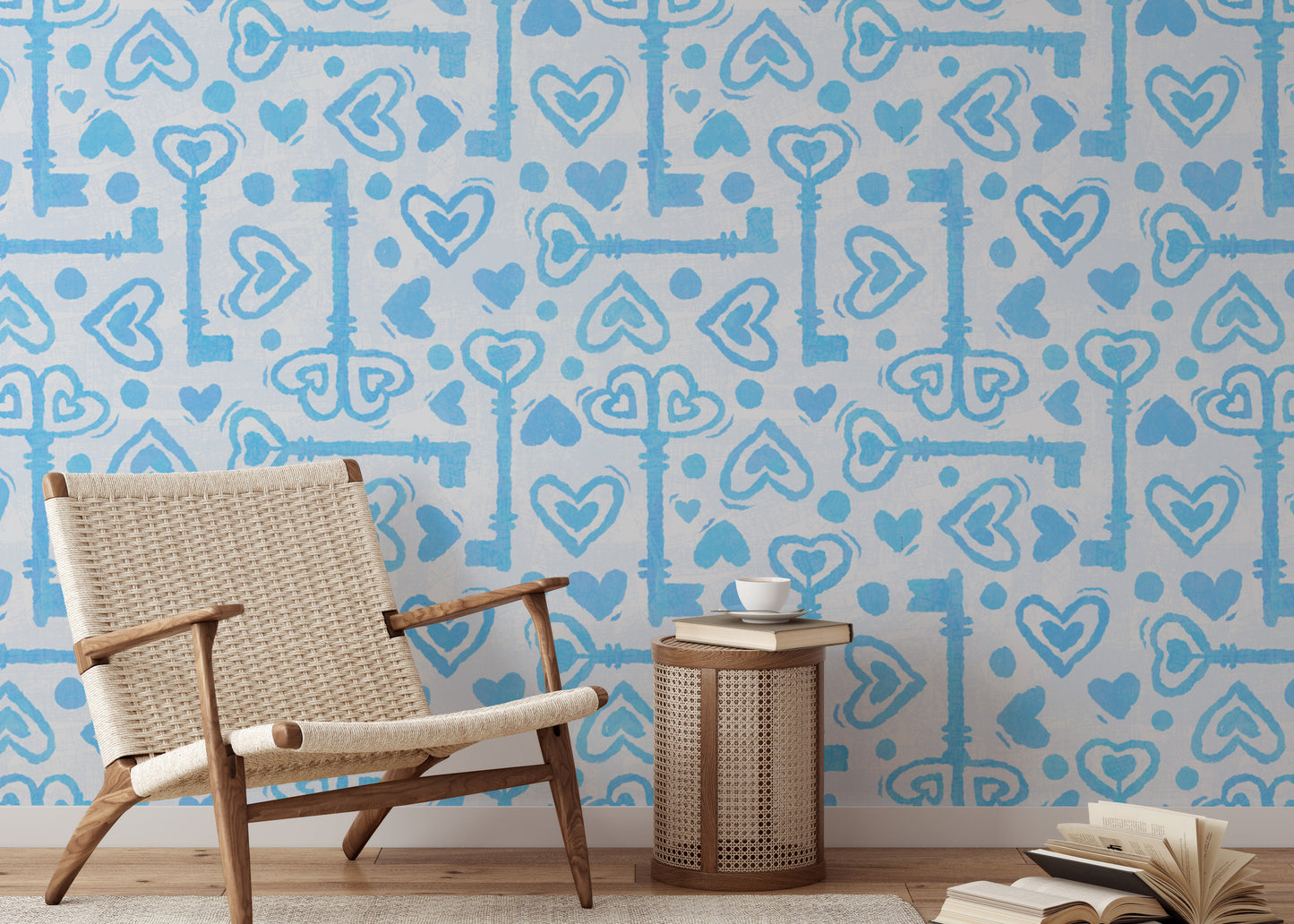 White wallpaper with blue romantic motifs
