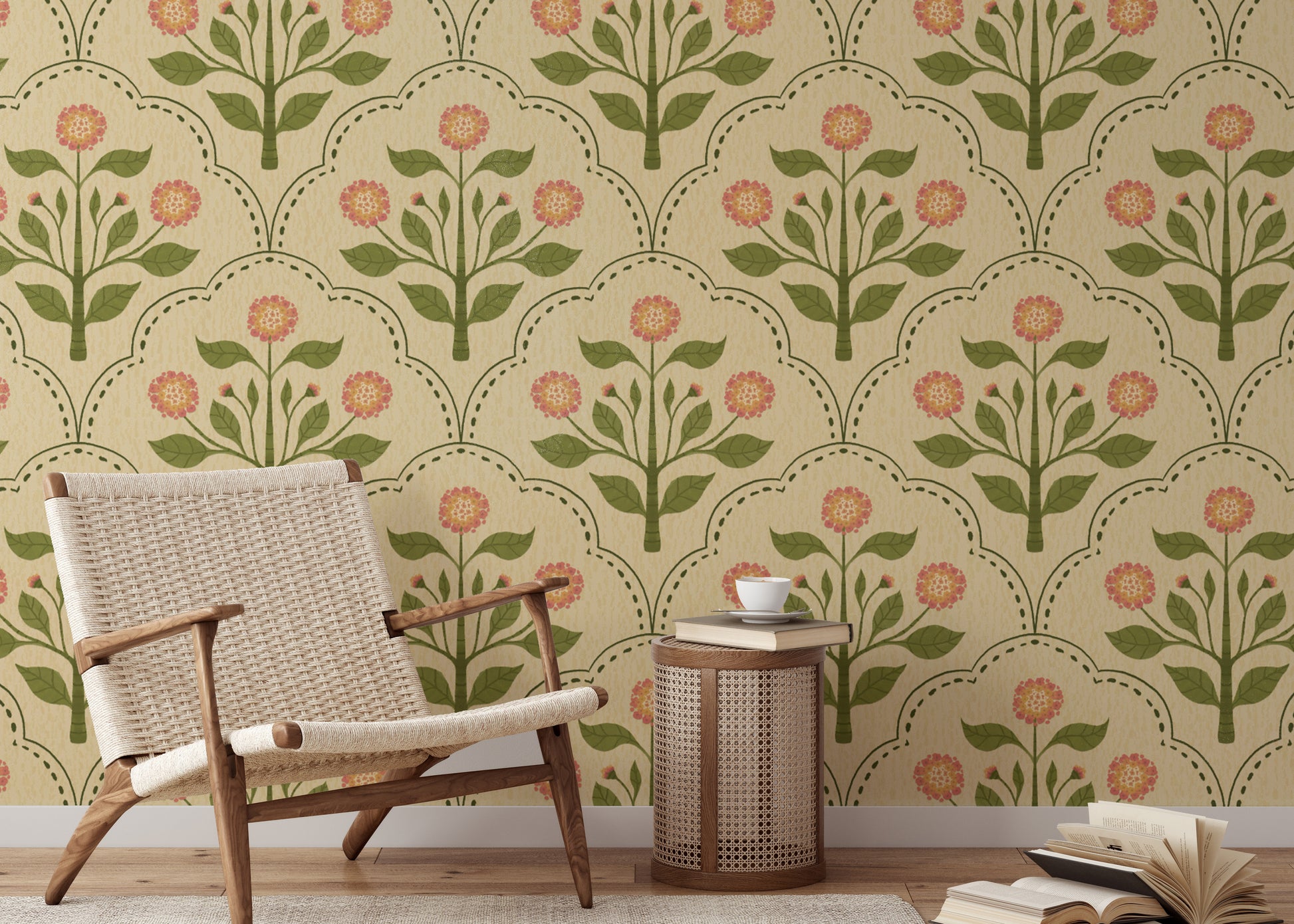 Pink lantana floral pattern on a beige backdrop
