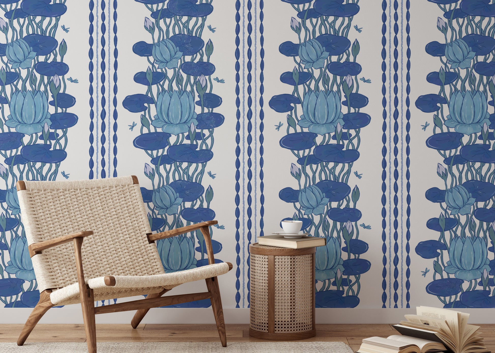 Sophisticated lotus stripe wallpaper design
