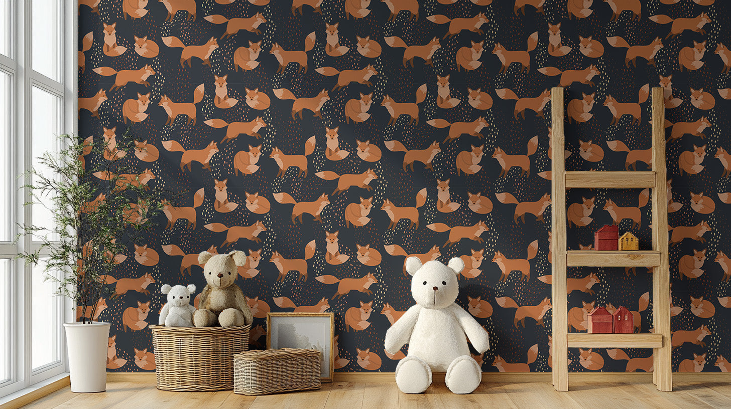 Playful orange foxes wallpaper design
