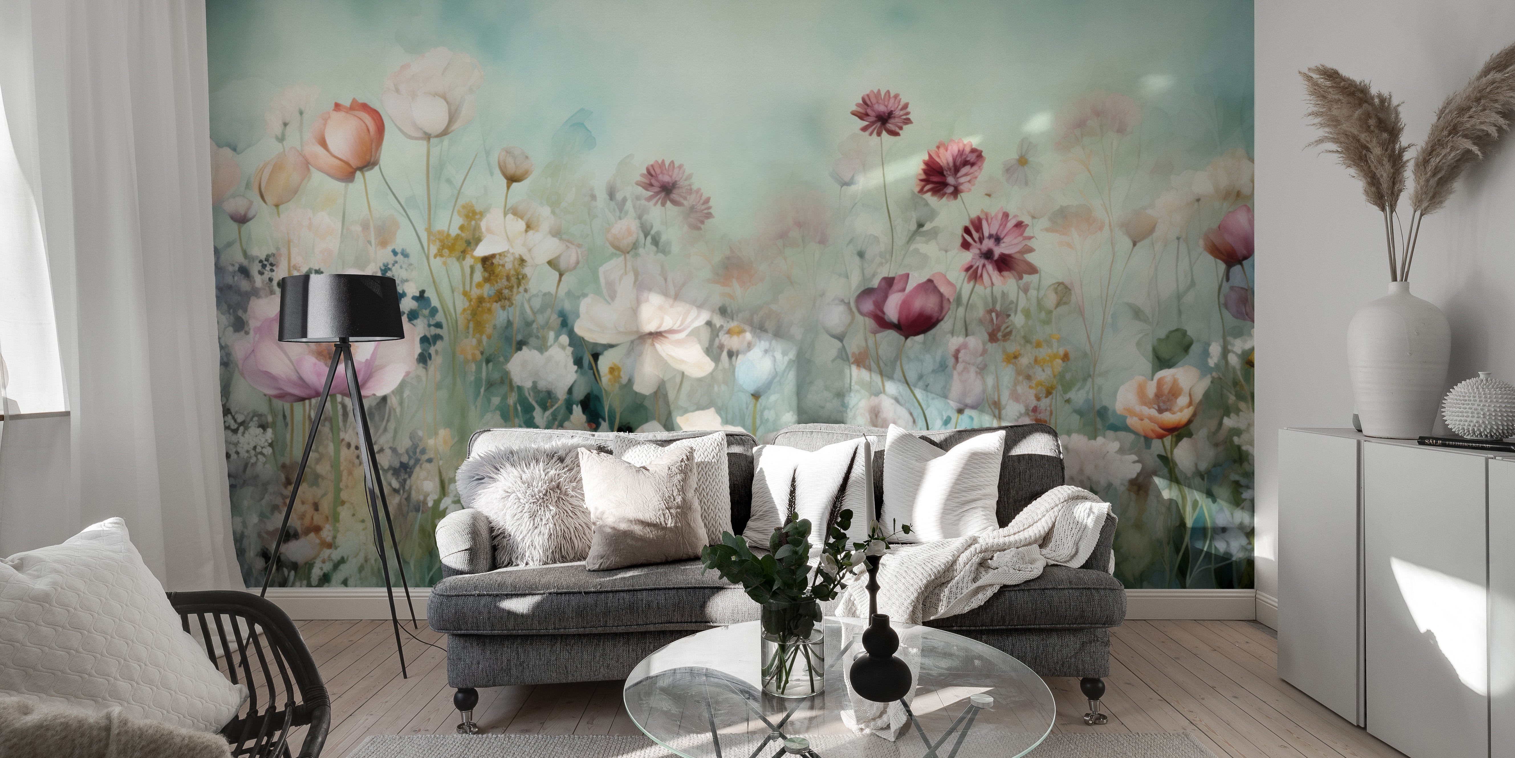 Add a touch of brightness with colorful pastel flower mural wallpaper.