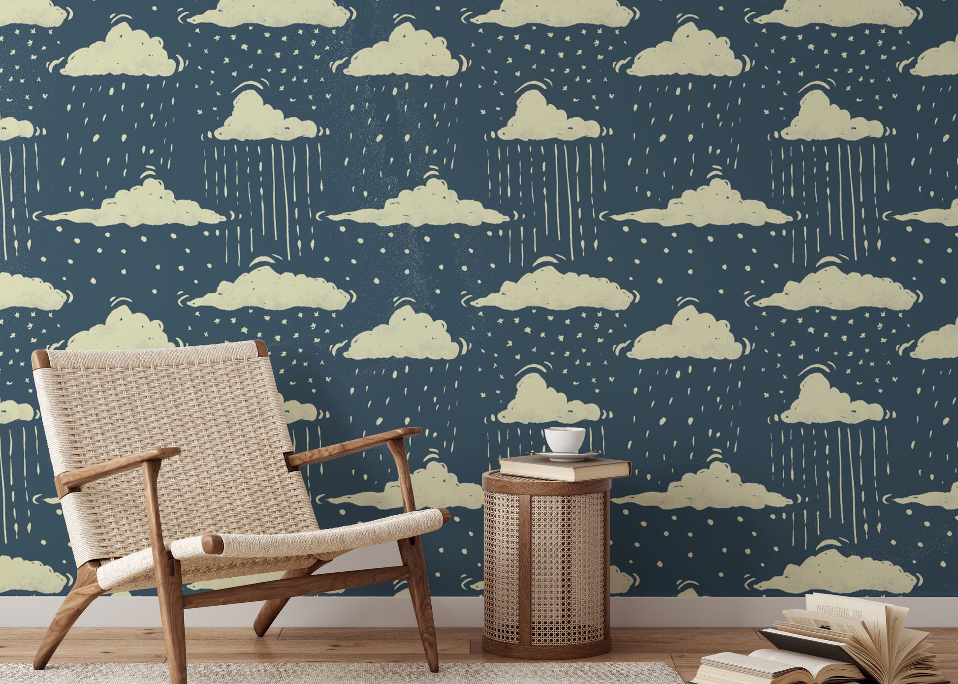 Whimsical blue sky and rainy clouds mural for dreamy interiors.
