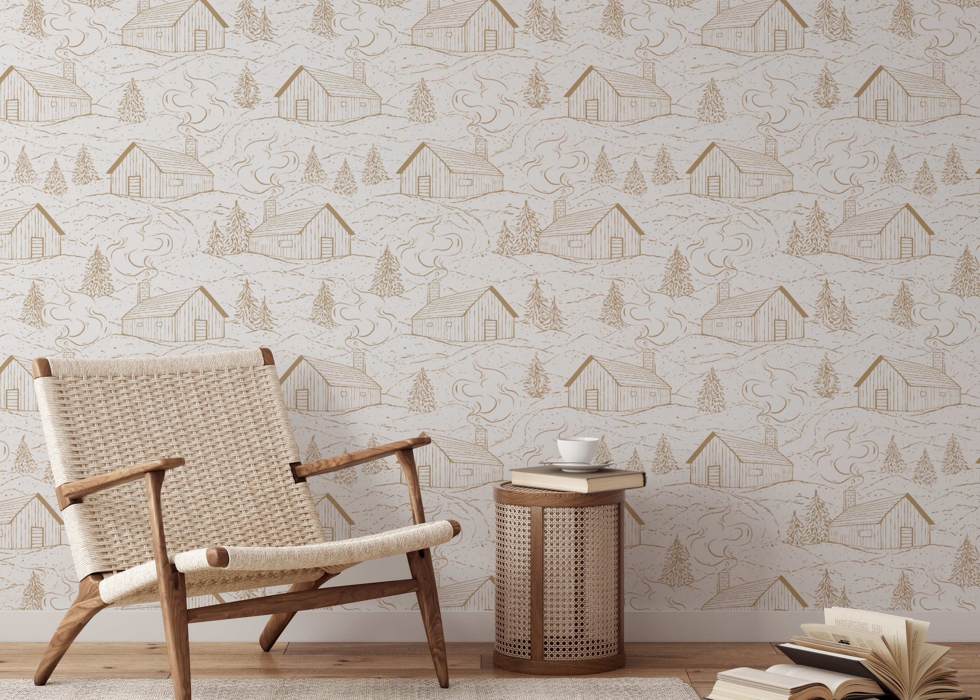 Sophisticated tan smokey cabins mural for chic, modern spaces.
