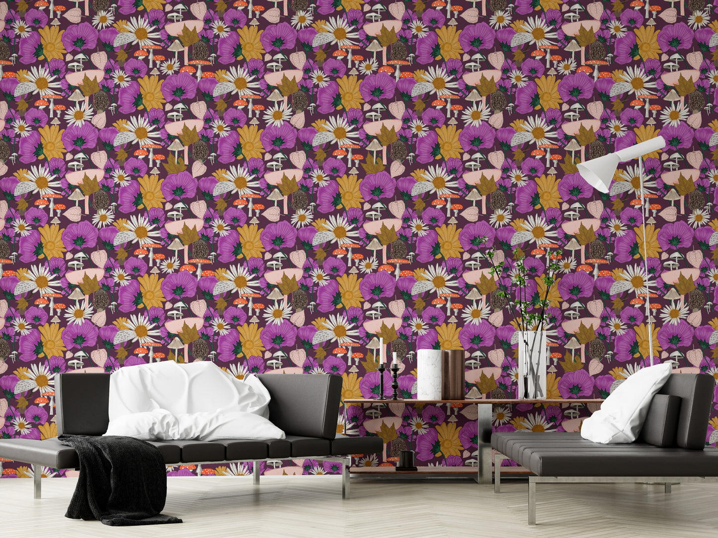 Vibrant Wild Flowers and Mushrooms Purple Wallpaper