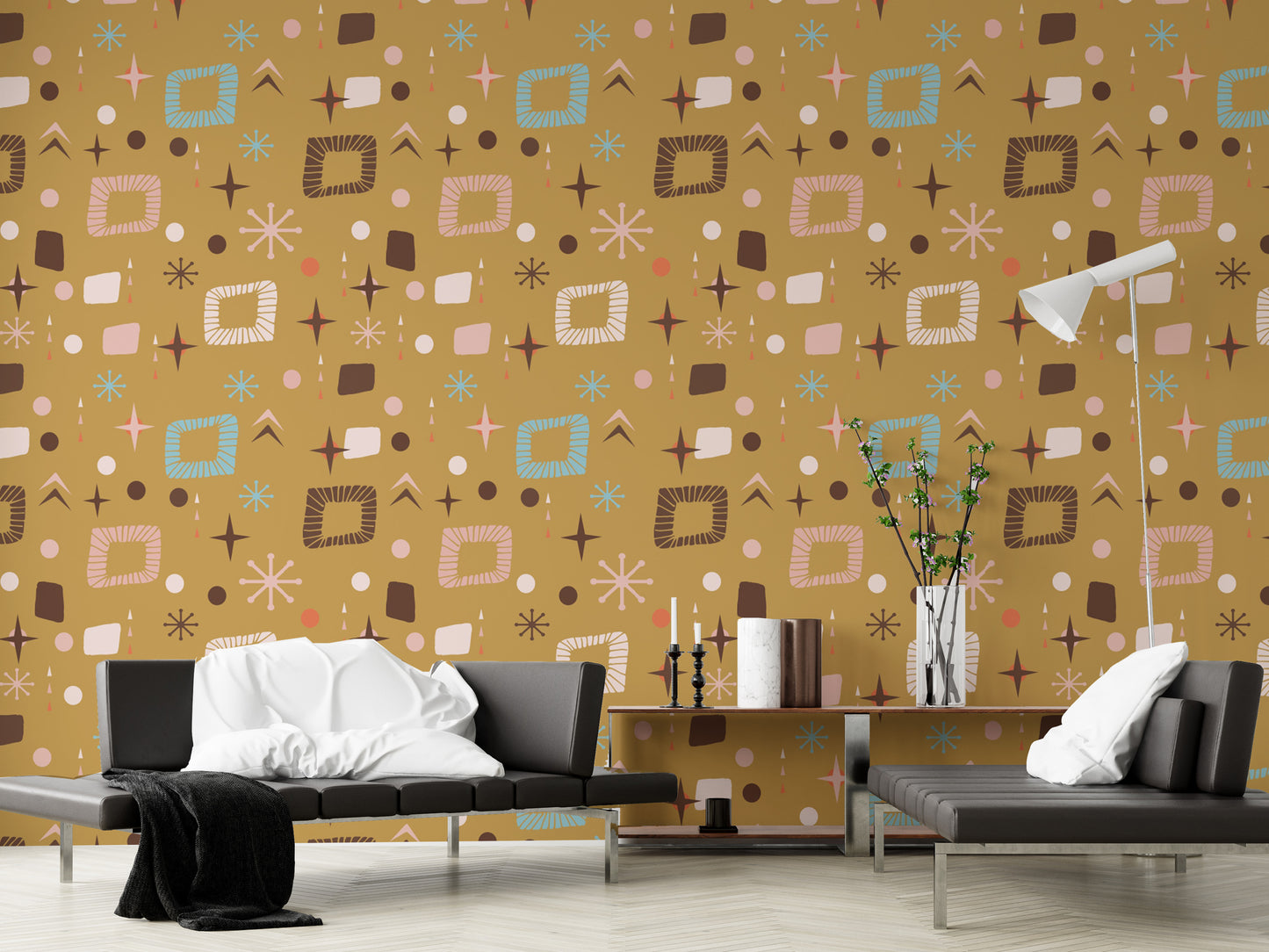 Retro mid-century modern yellow pattern wallpaper
