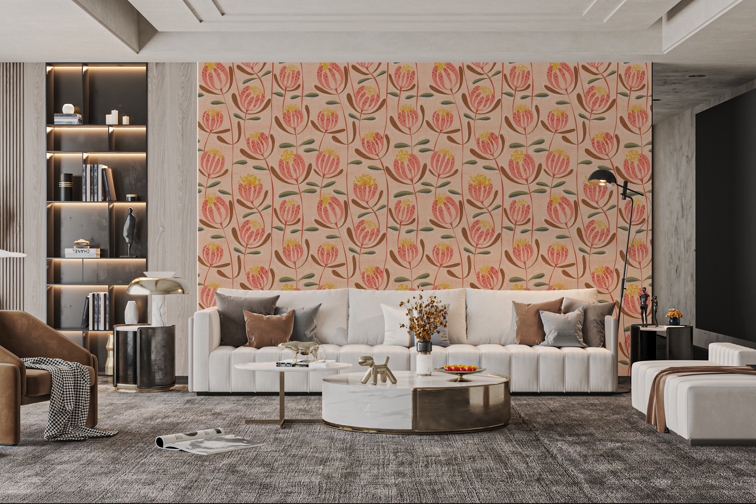 Modern Skandi wallpaper with peachy florals