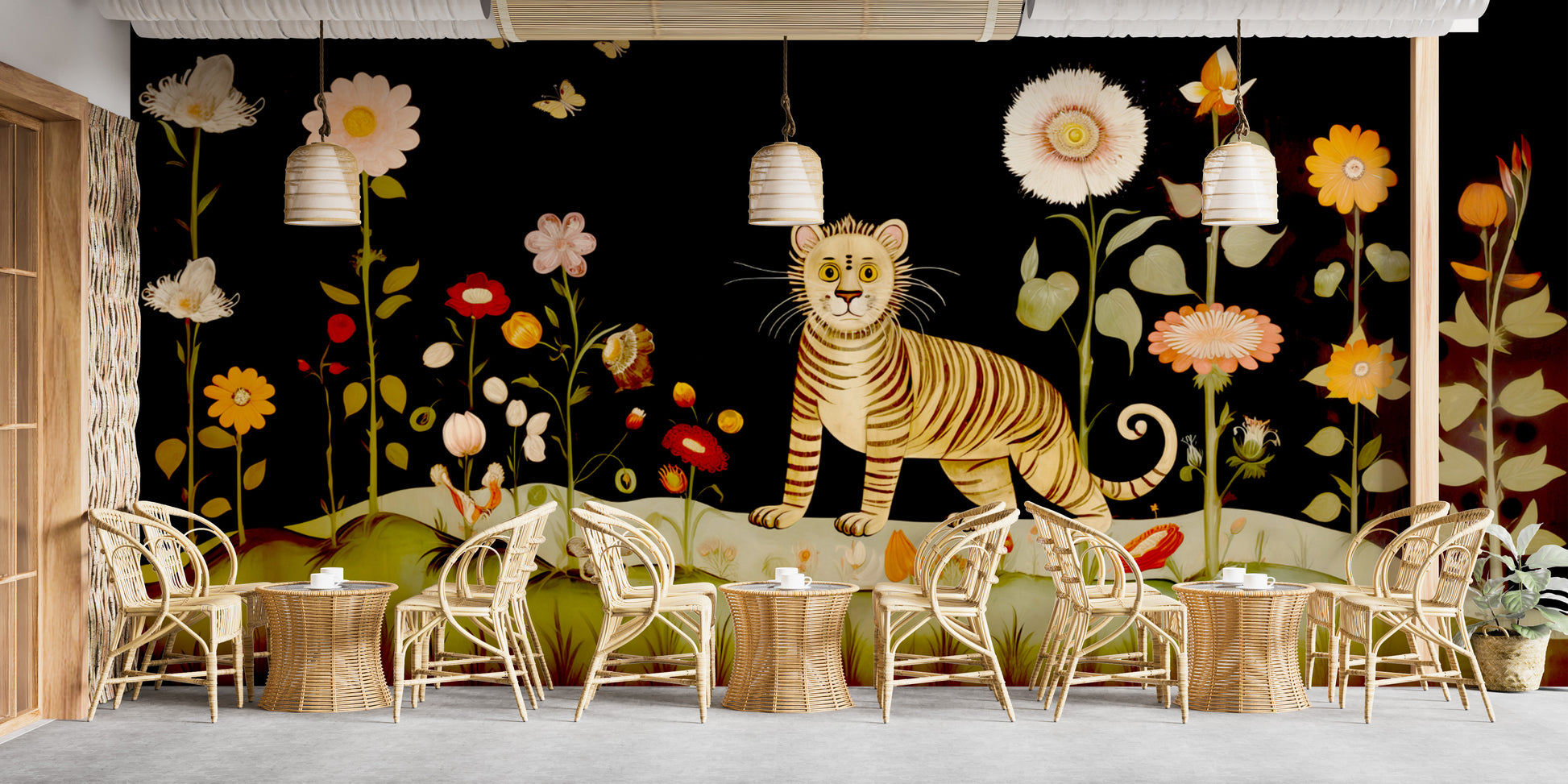 Transform your space with stunning Tibetan flower tiger wallpaper murals.