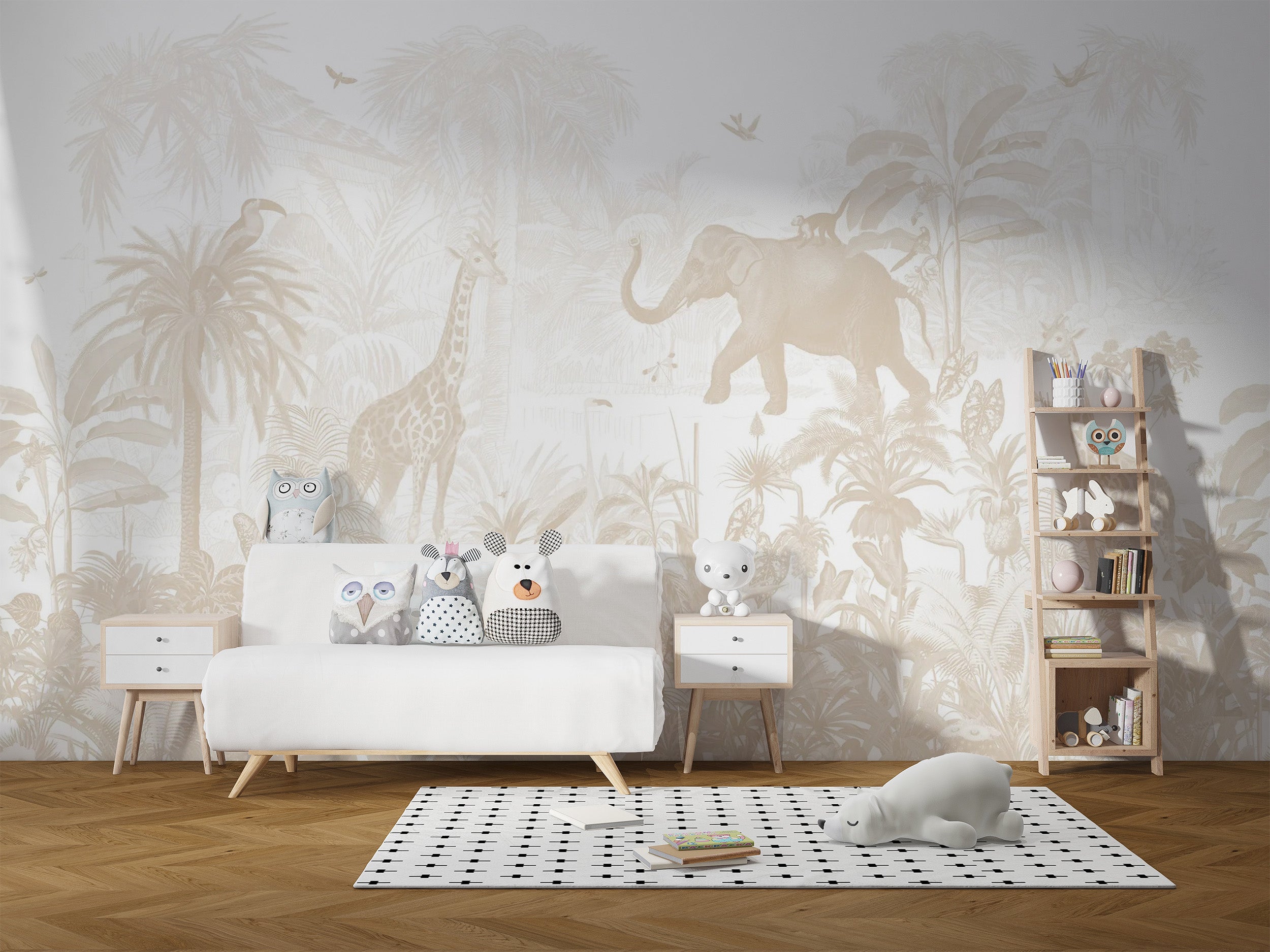 Beige jungle-themed wallpaper with wildlife accents
