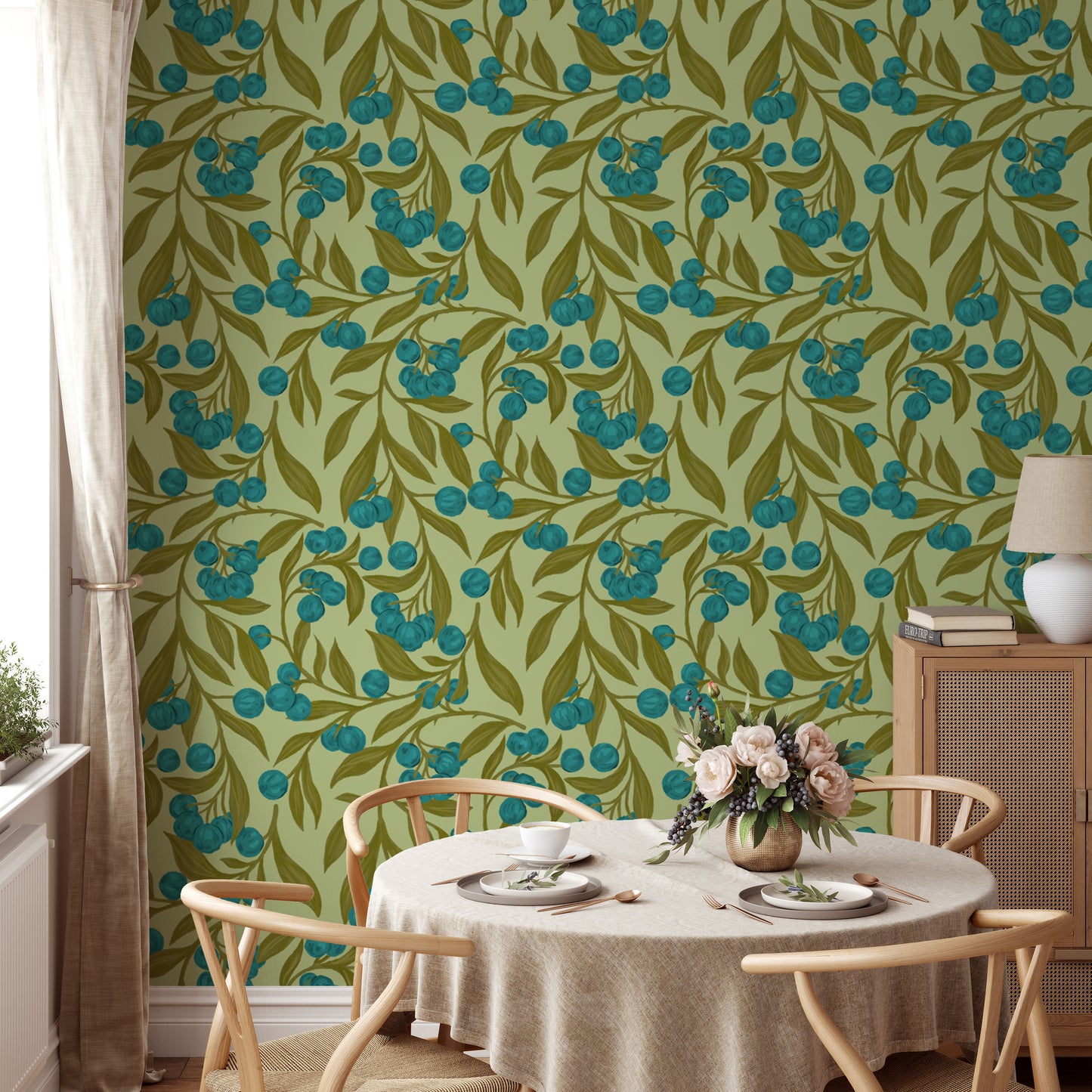 Autumn berries blue wallpaper mural for a vibrant accent wall.
