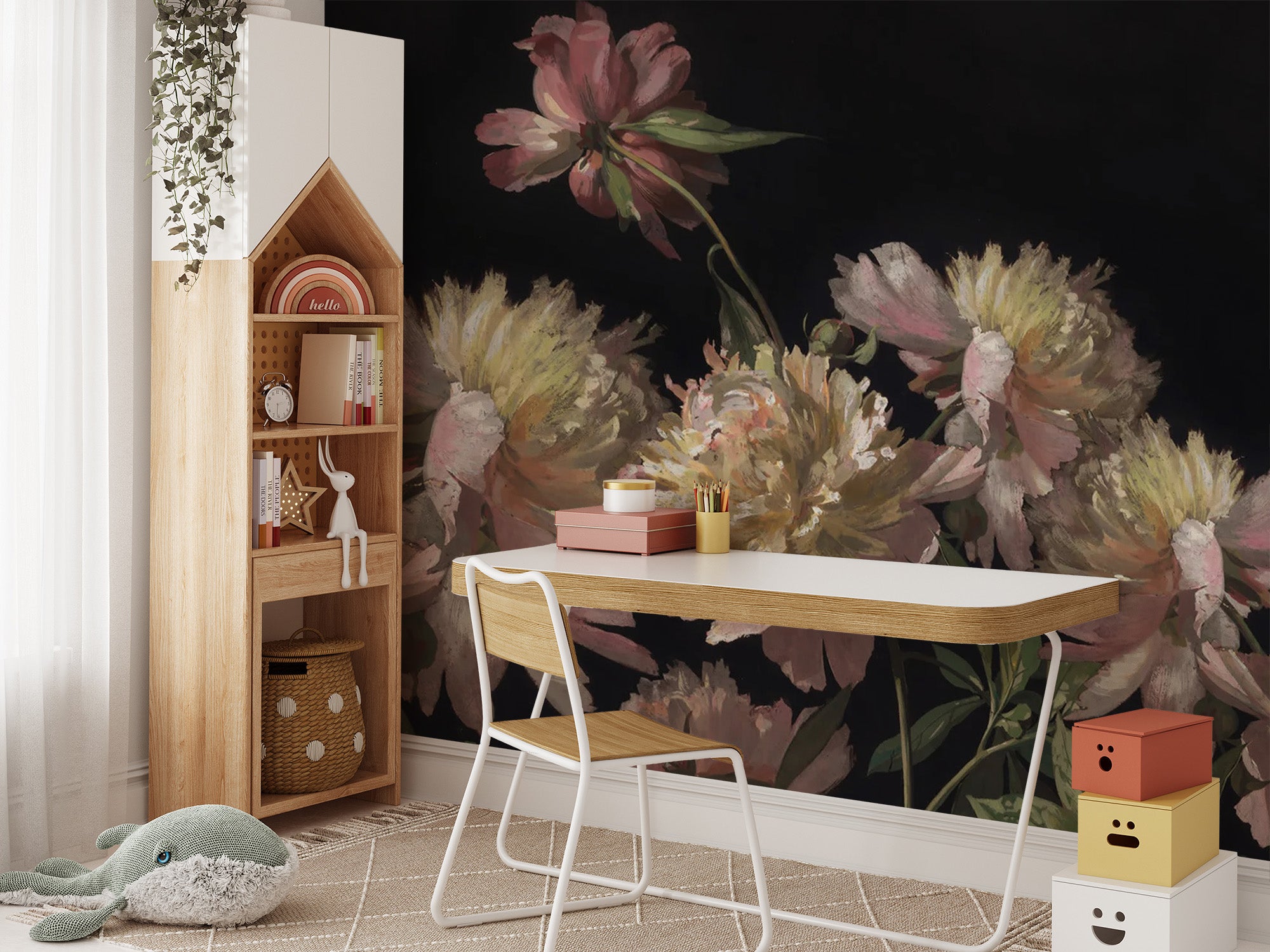 Dreamy flower mural in watercolor tones
