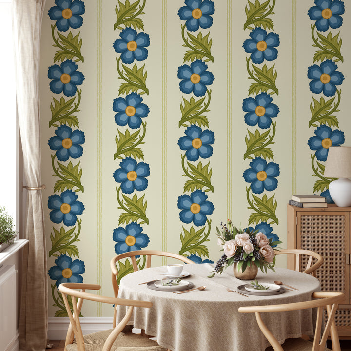 Elegant floral stripe blue wallpaper for timeless wall decor.
