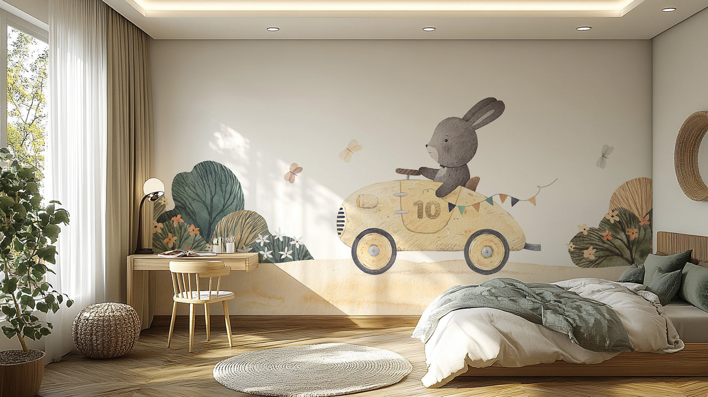 Playful Bunny Car Ride Kids Wall Mural