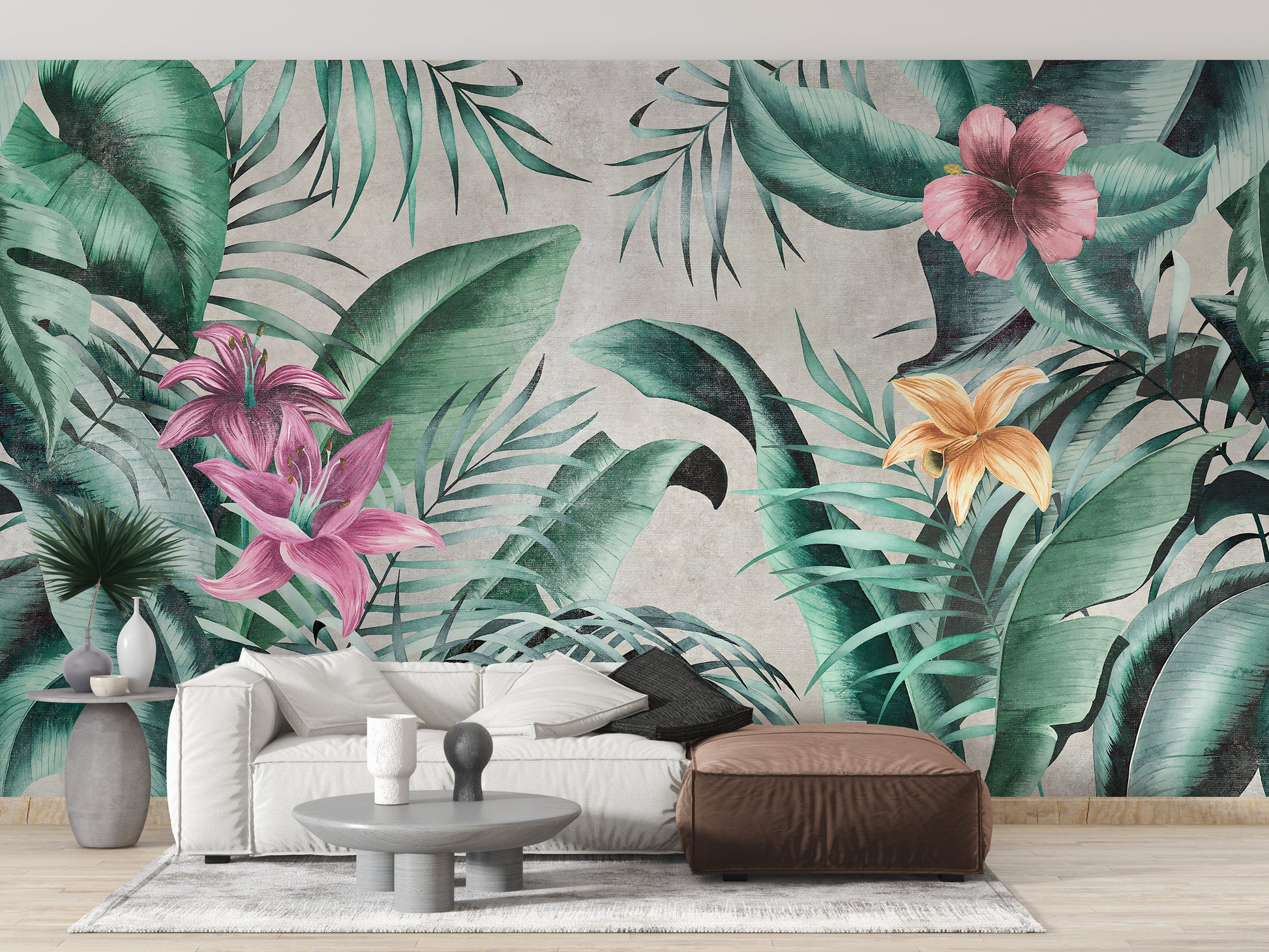 Rustic Floral Large Green Leaves Wallpaper Mural